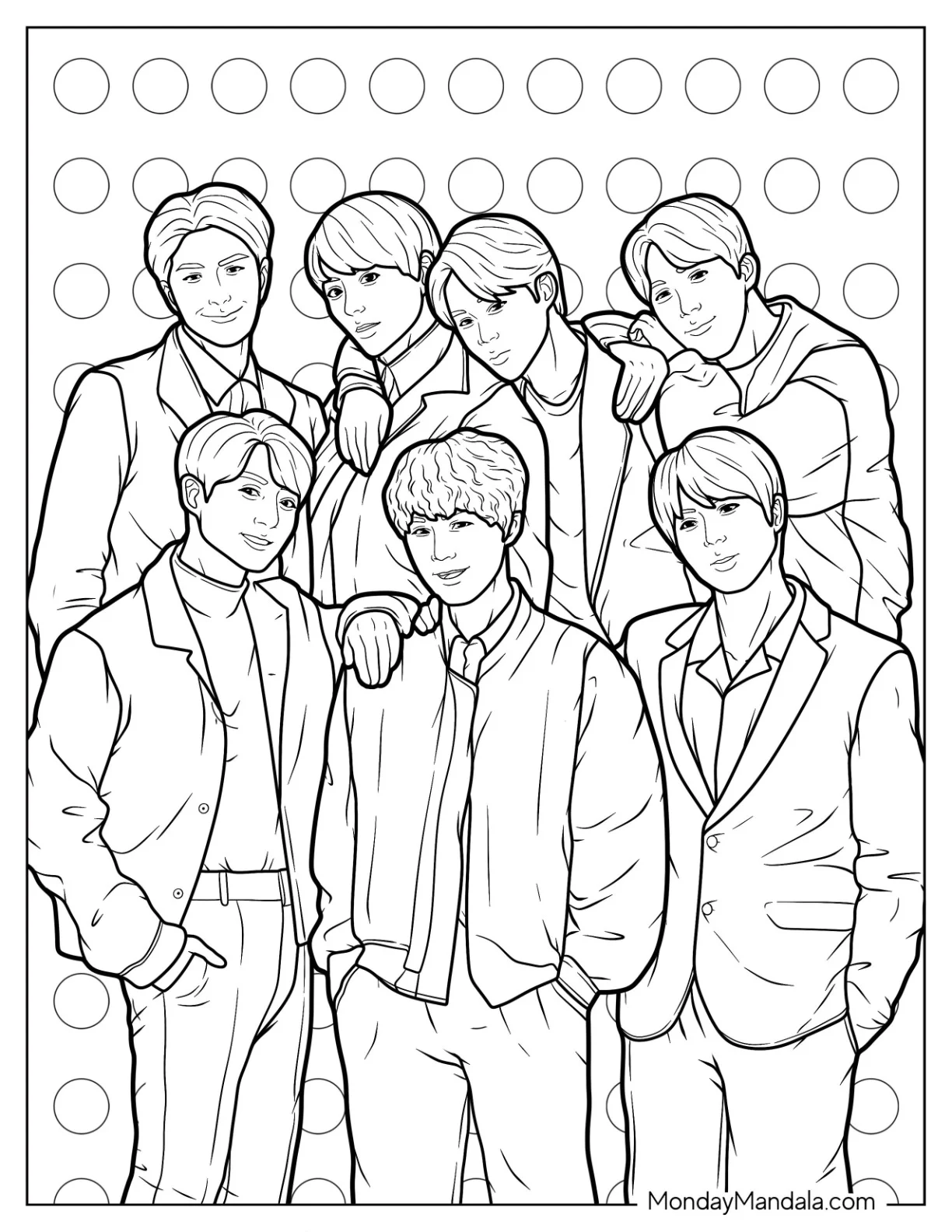 Realsitic BTS Coloring Page Of Jungkook, Jin, V, Jimin, SUGA, RM, And J Hope coloring page