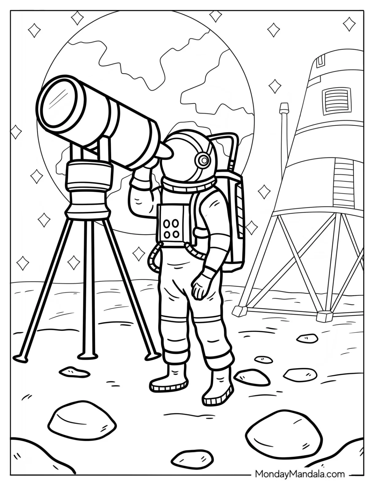 Astronaut Observing the Stars Through a Telescope on Cratered Planet coloring page — printable line art