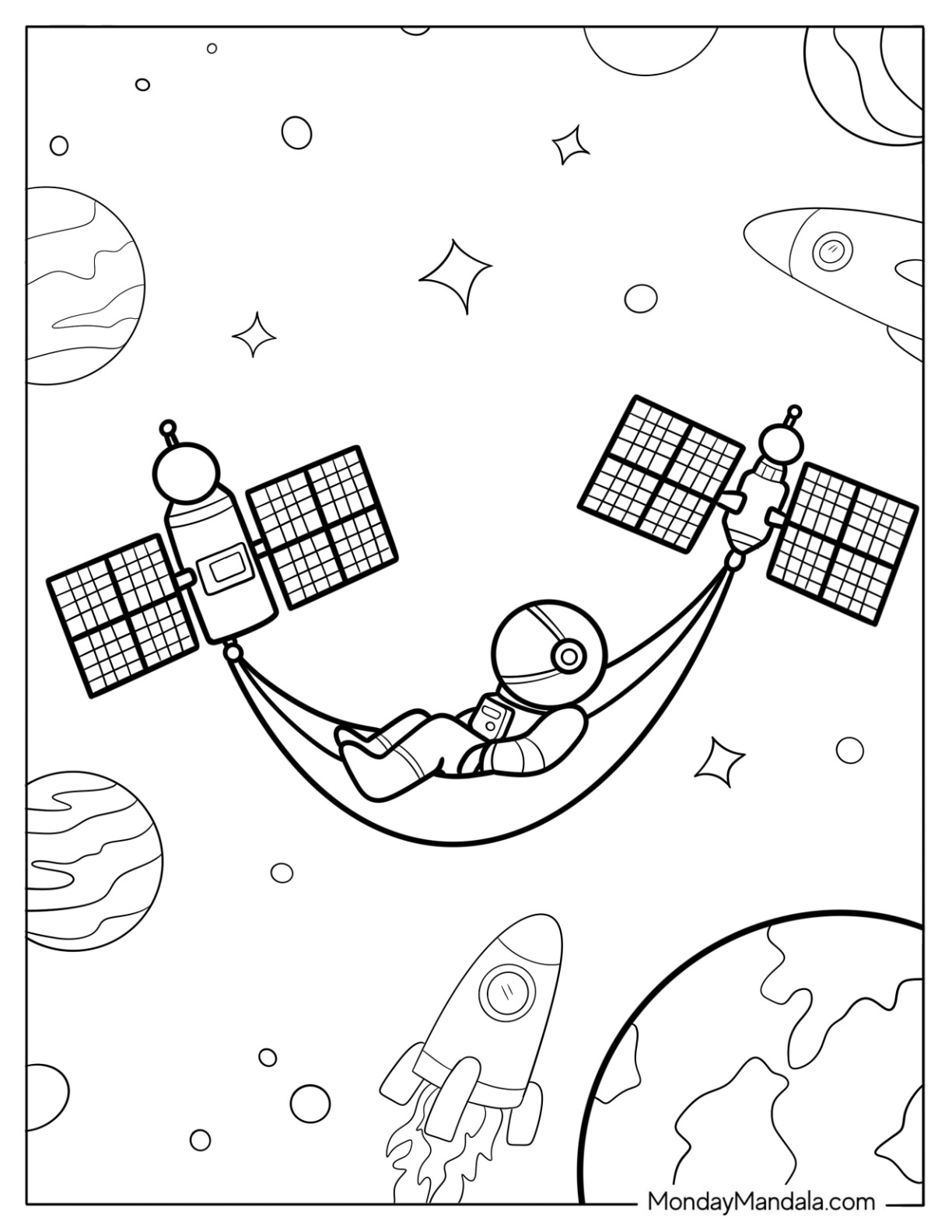 Astronaut Relaxing in Space Hammock Between Satellites coloring page — printable line art