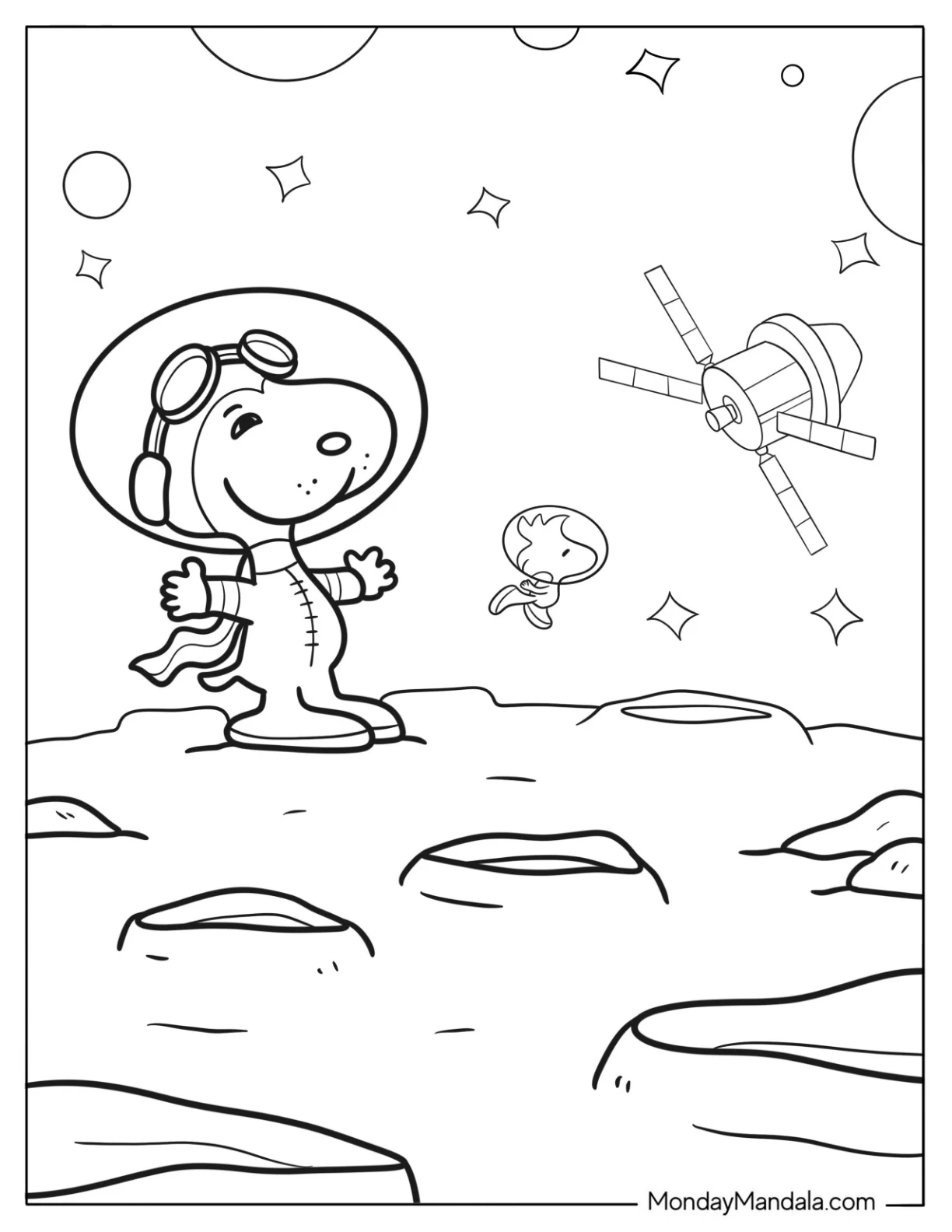 Astronaut Snoopy In Outer Space With Stars And Satellite In The Background coloring page — printable line art