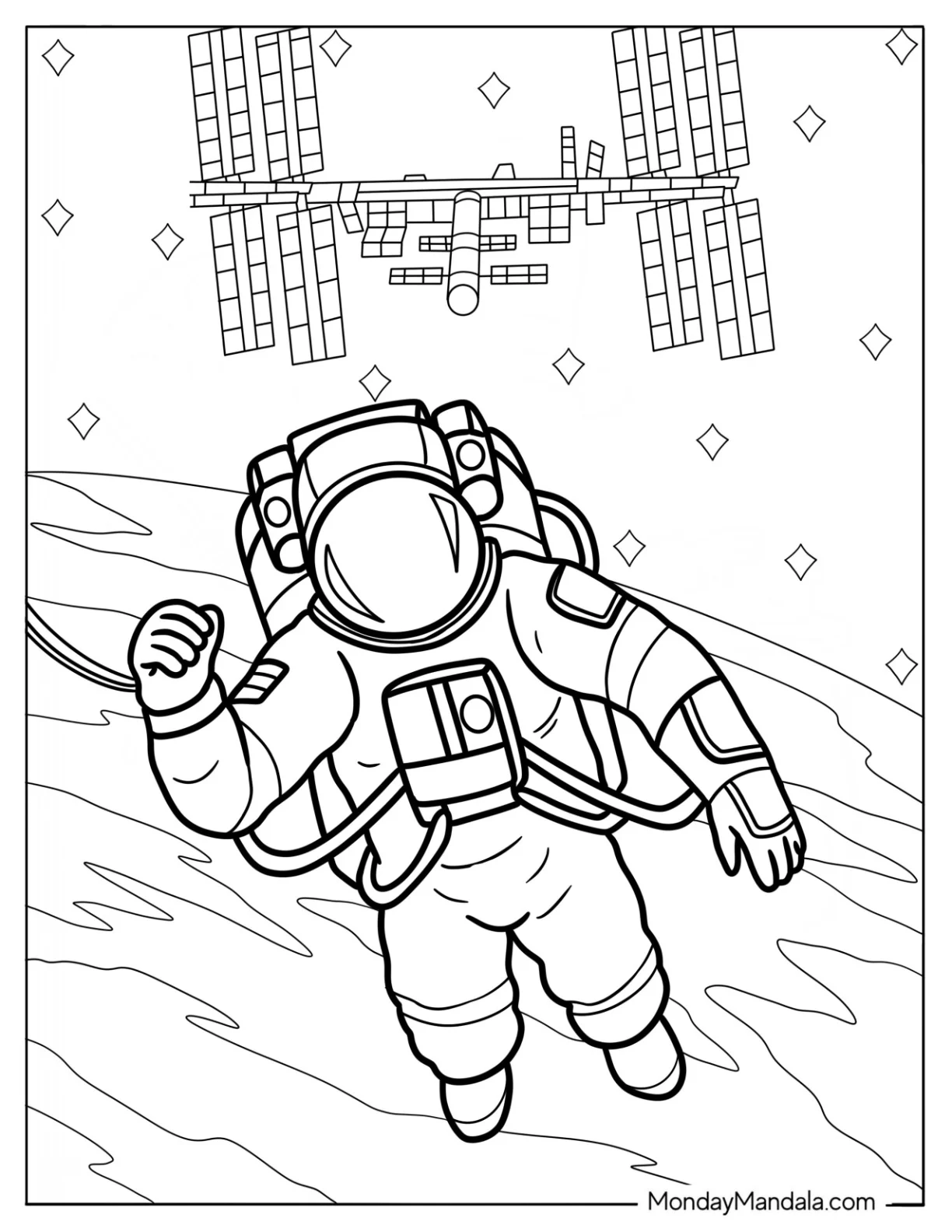 Astronaut Spacewalking Near the International Space Station coloring page