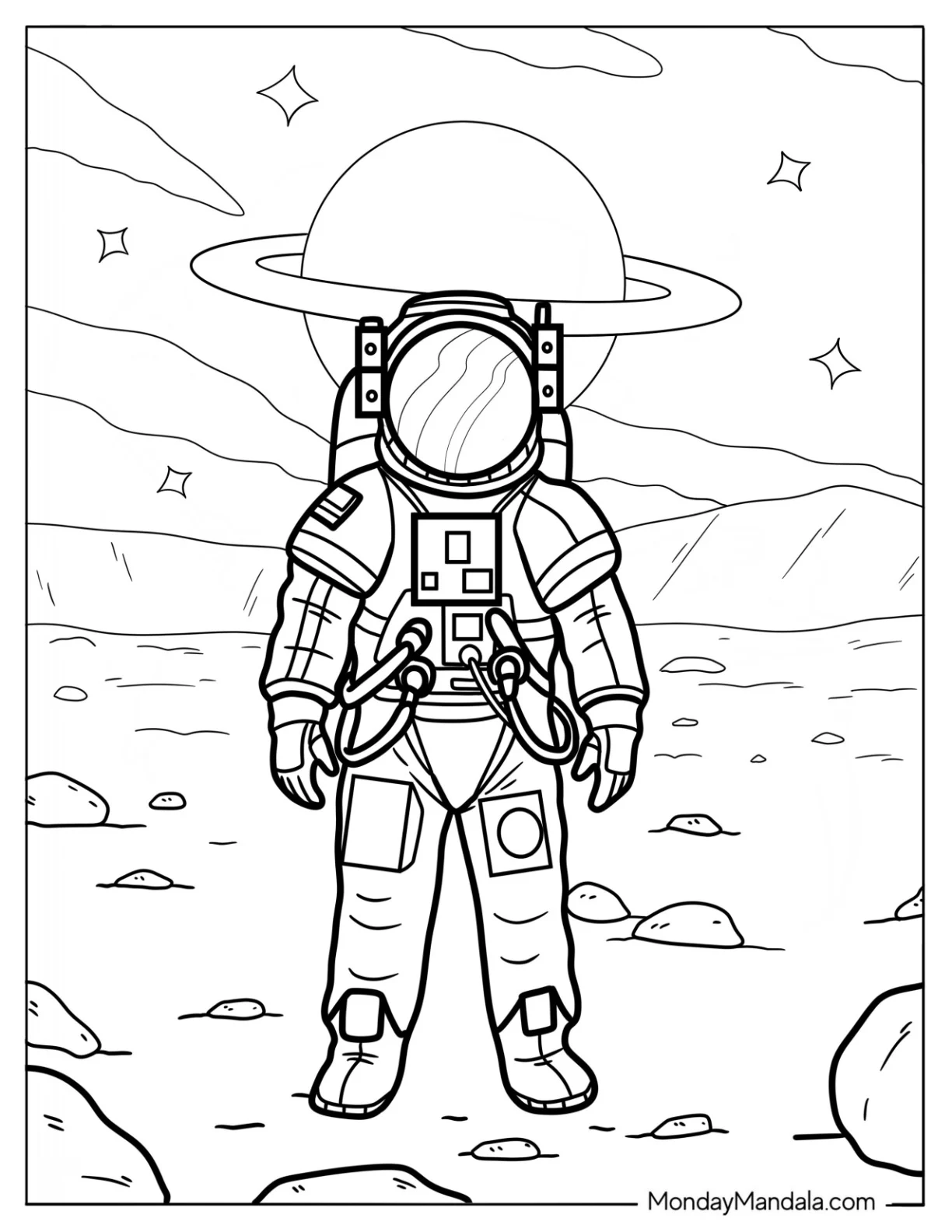 Astronaut Standing on a Planet with Ringed Planet in Background Coloring Sheet For Kids coloring page — printable line art