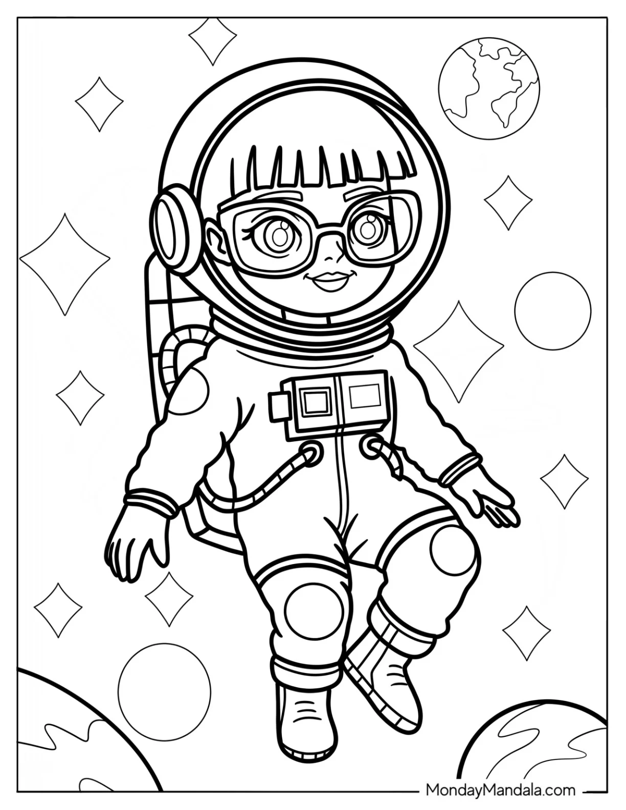 Cartoon Girl Astronaut With Glasses Floating in Outer Space with Earth and Planets coloring page — printable line art