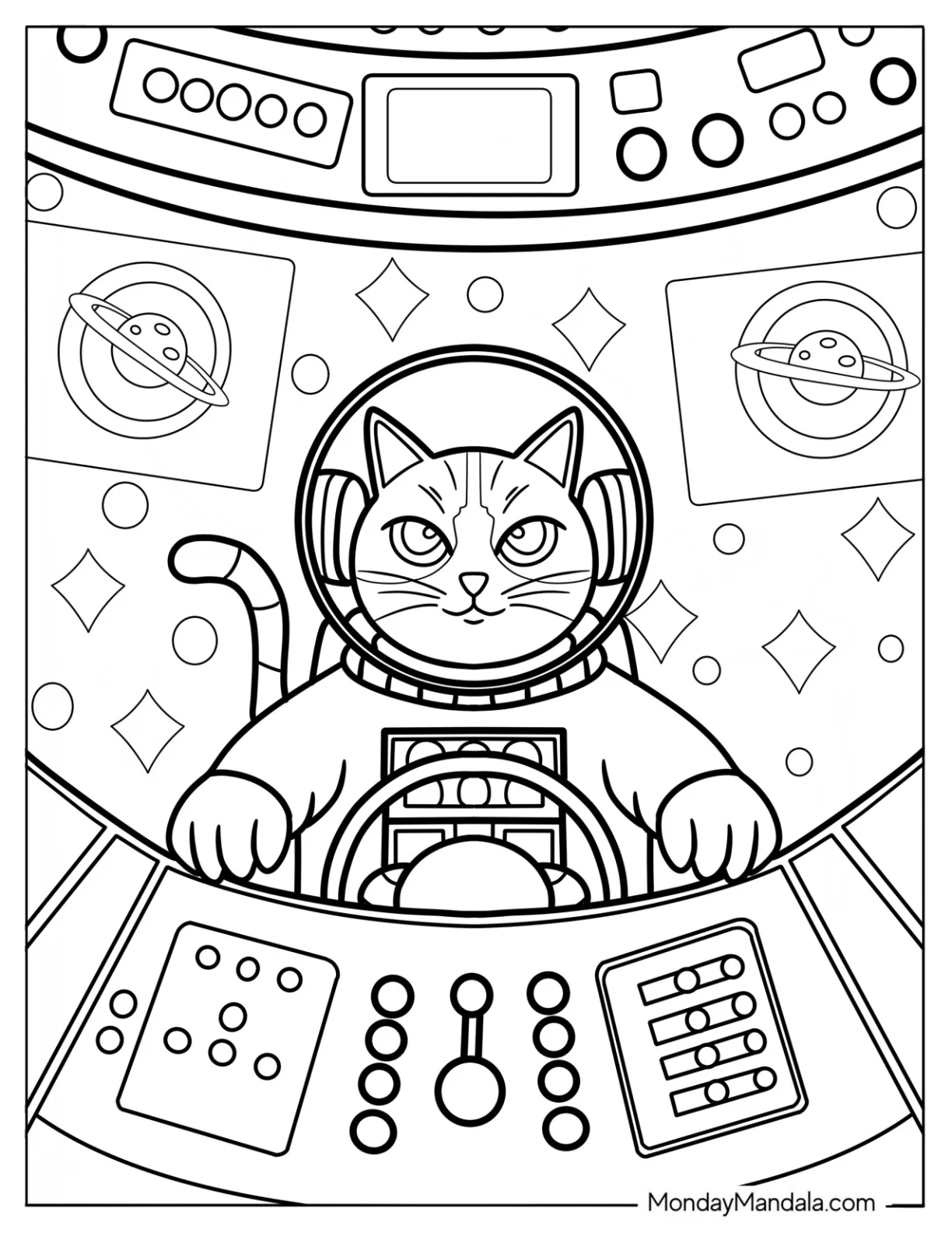 Cat Astronaut Operating Spaceship Coloring Sheet For Kids coloring page — printable line art