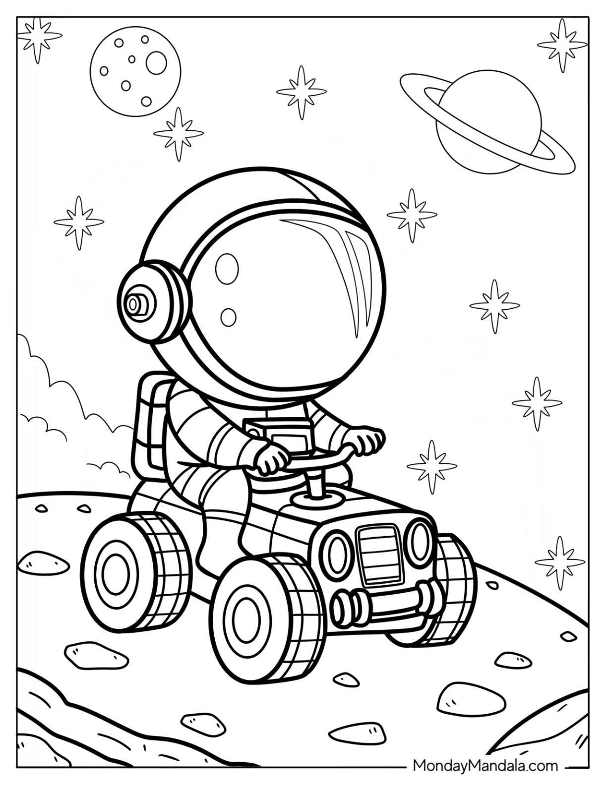 Chibi Astronaut Driving Space Rover on Rocky Planet with Stars and Planets Coloring Sheet For Kids coloring page