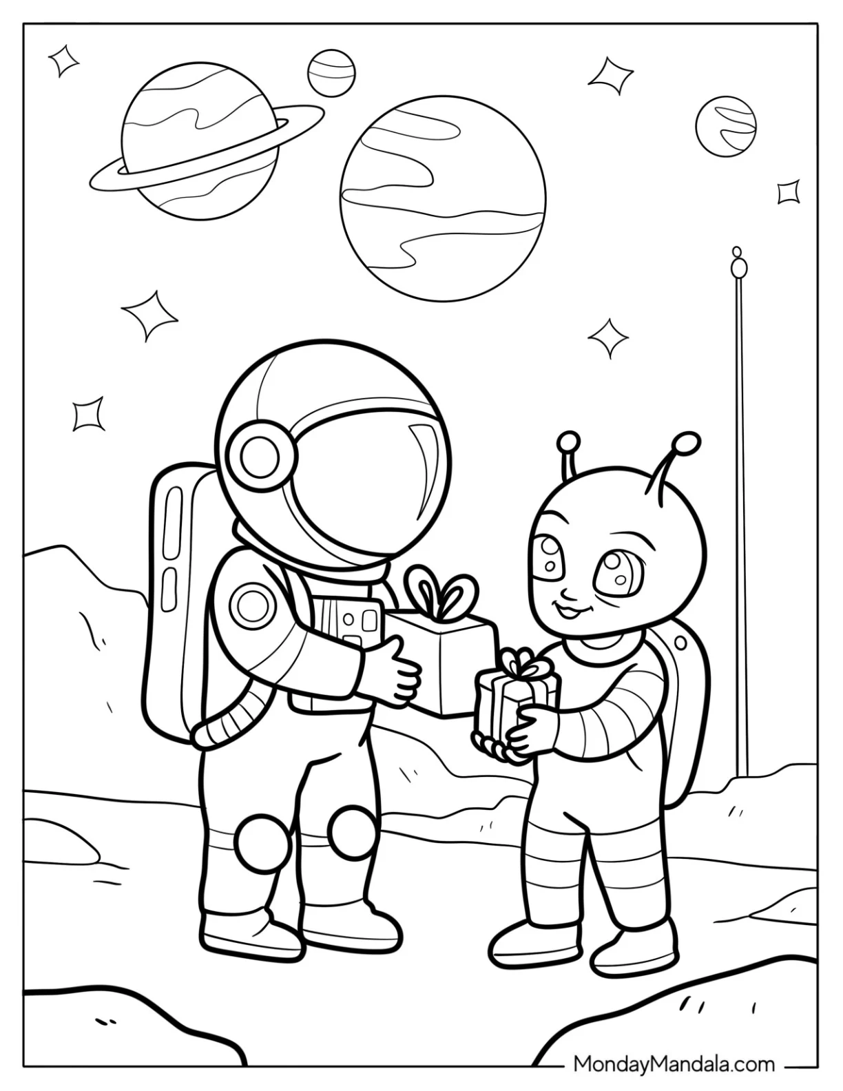 Cute Astronaut and Alien Exchanging Gifts on Distant Planet Coloring Page For Kids coloring page — printable line art