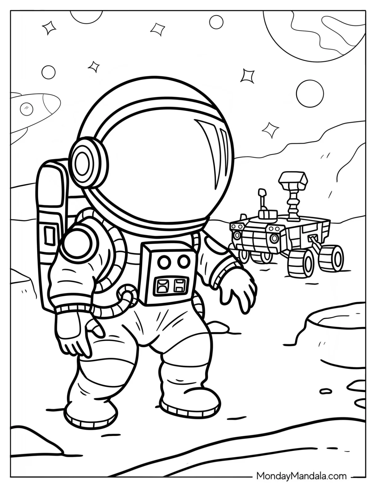 Cute Astronaut Walking Near Robotic Rover on Alien Planet Surface Coloring Sheet For Preschoolers coloring page — printable line art