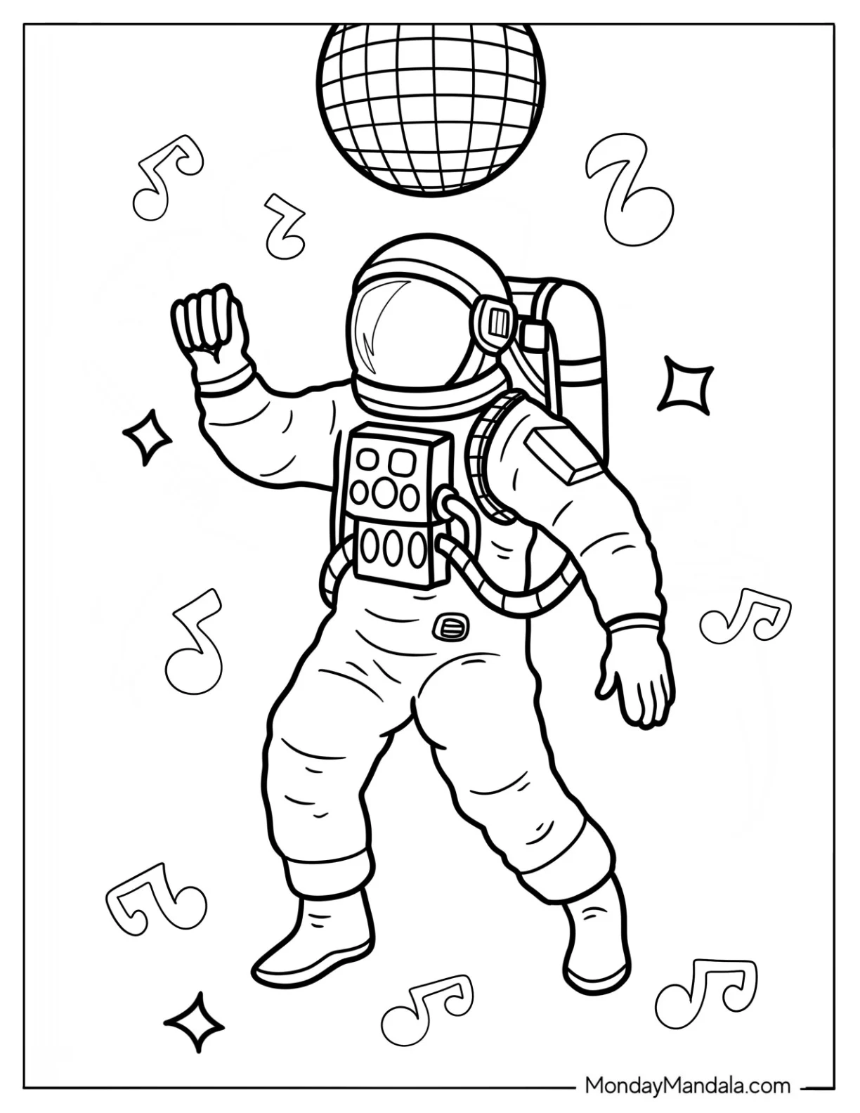 Dancing Astronaut Under Disco Ball with Music Notes Coloring Page For Kids coloring page — printable line art