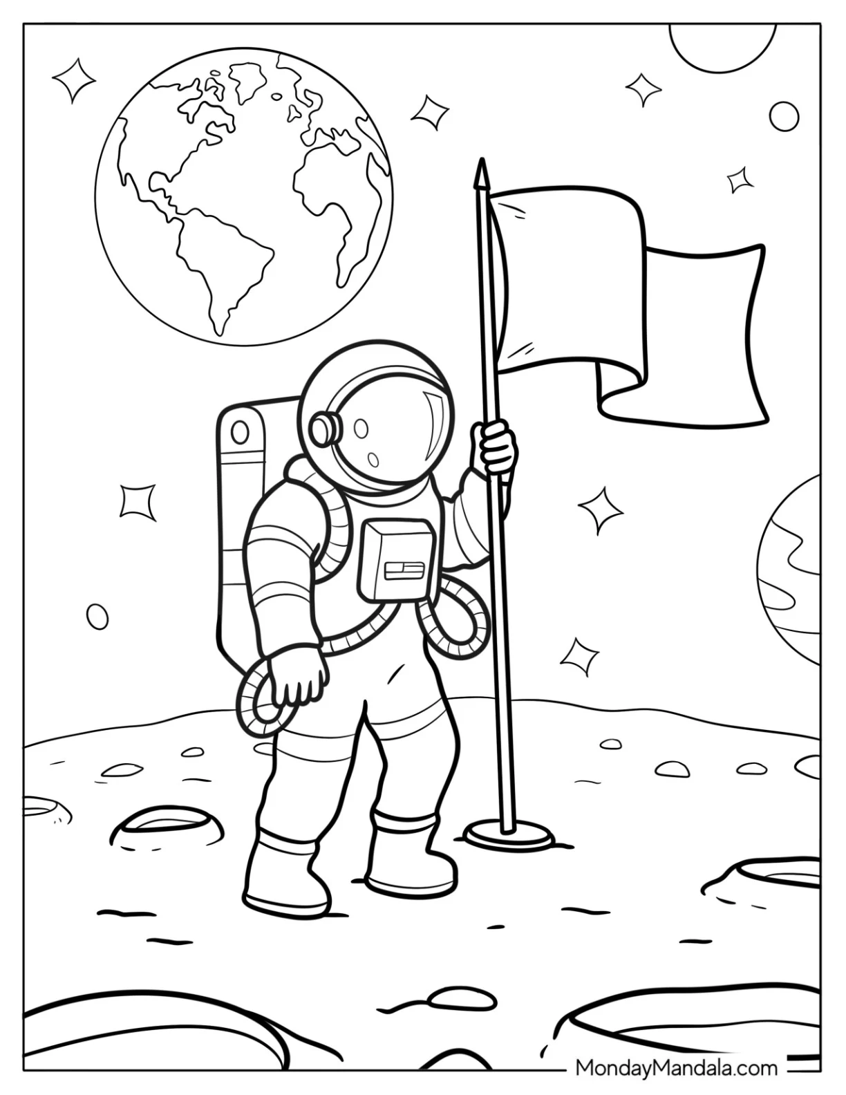 Detailed Astronaut Planting Flag on the Moon with Earth in Background coloring page