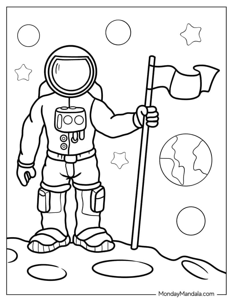Detailed Coloring Sheet Of Astronaut Holding Flag coloring page