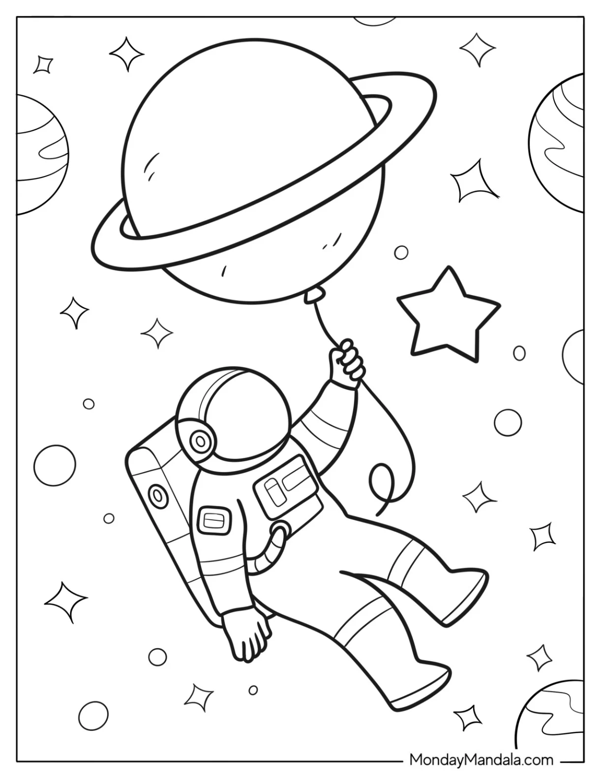 Easy Astronaut Floating with Saturn Balloon in Outer Space Coloring Sheet For Kids coloring page — printable line art