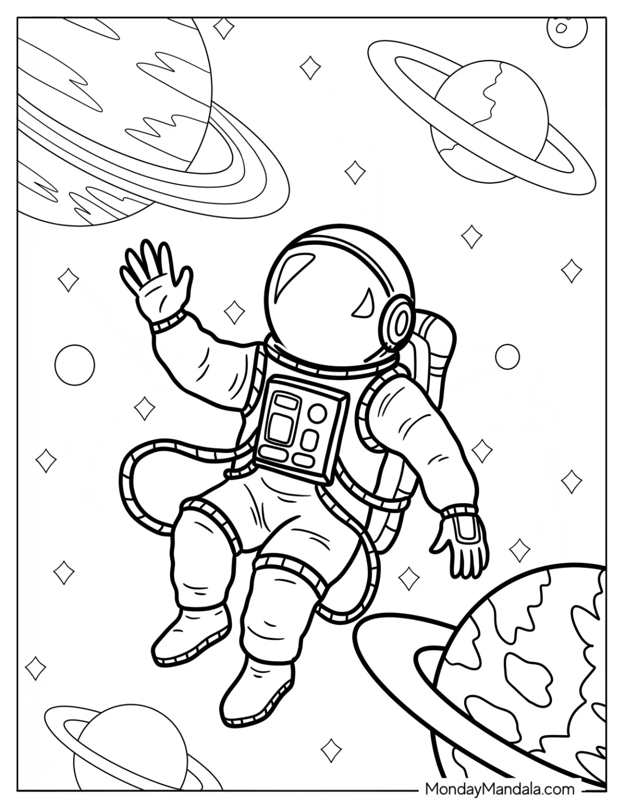 Floating Astronaut in Outer Space Surrounded by Planets Coloring Sheet coloring page