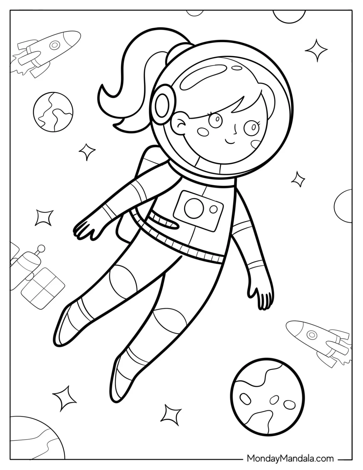 Girl Astronaut Floating in Space with Rockets, Earth, and Satellite Coloring Sheet For Kids coloring page — printable line art
