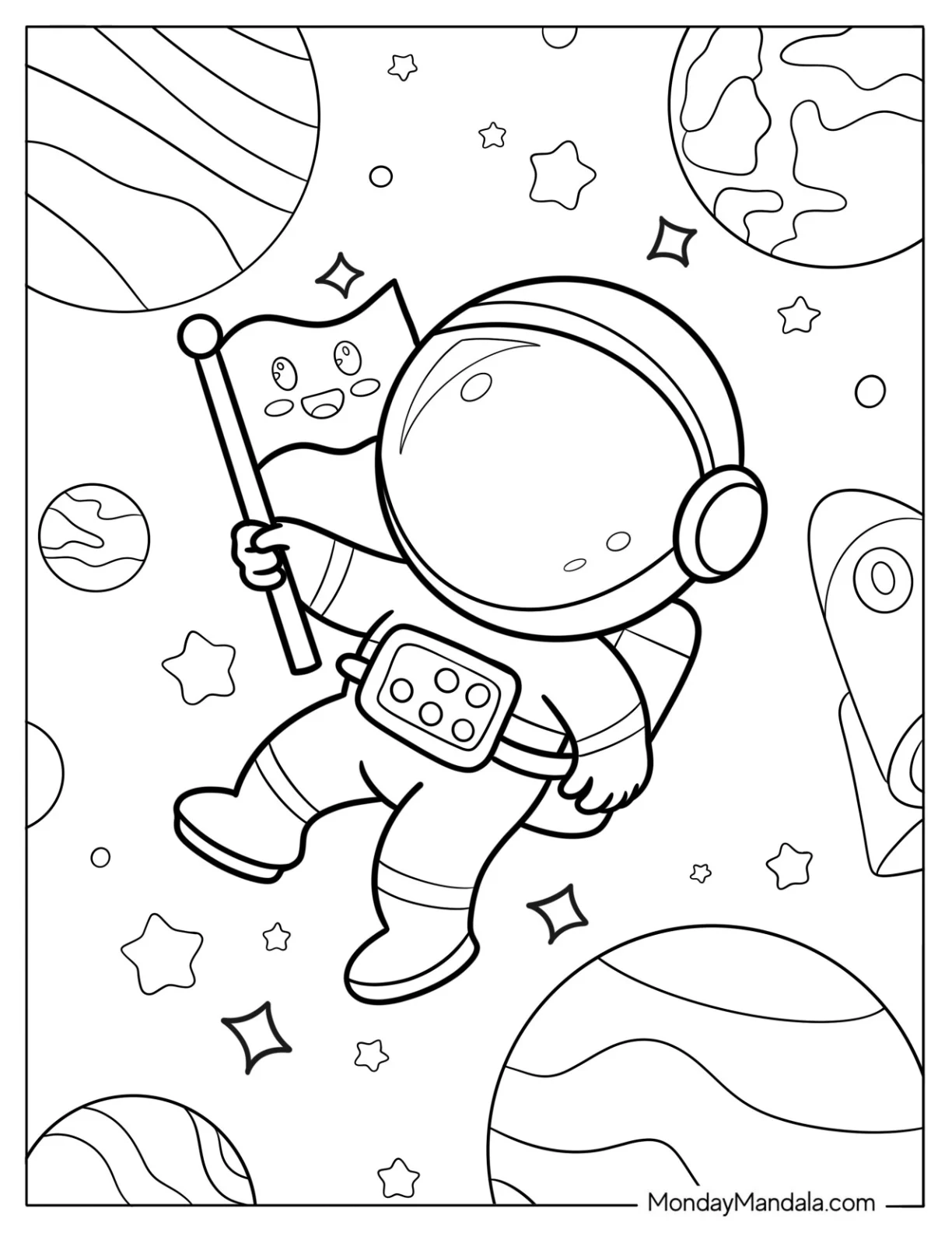 Kawaii Chibi Astronaut Floating in Space with Smiley Flag Coloring Sheet For Preschoolers coloring page — printable line art