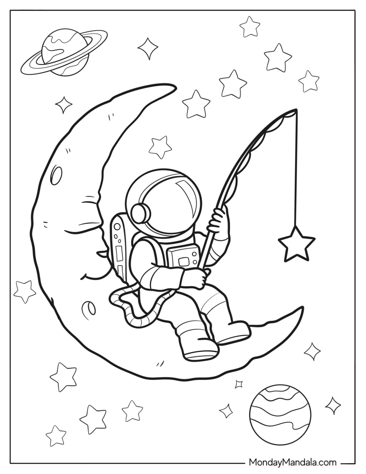 Peaceful Astronaut Sitting on Crescent Moon Fishing for Stars Coloring Sheet For Kids coloring page