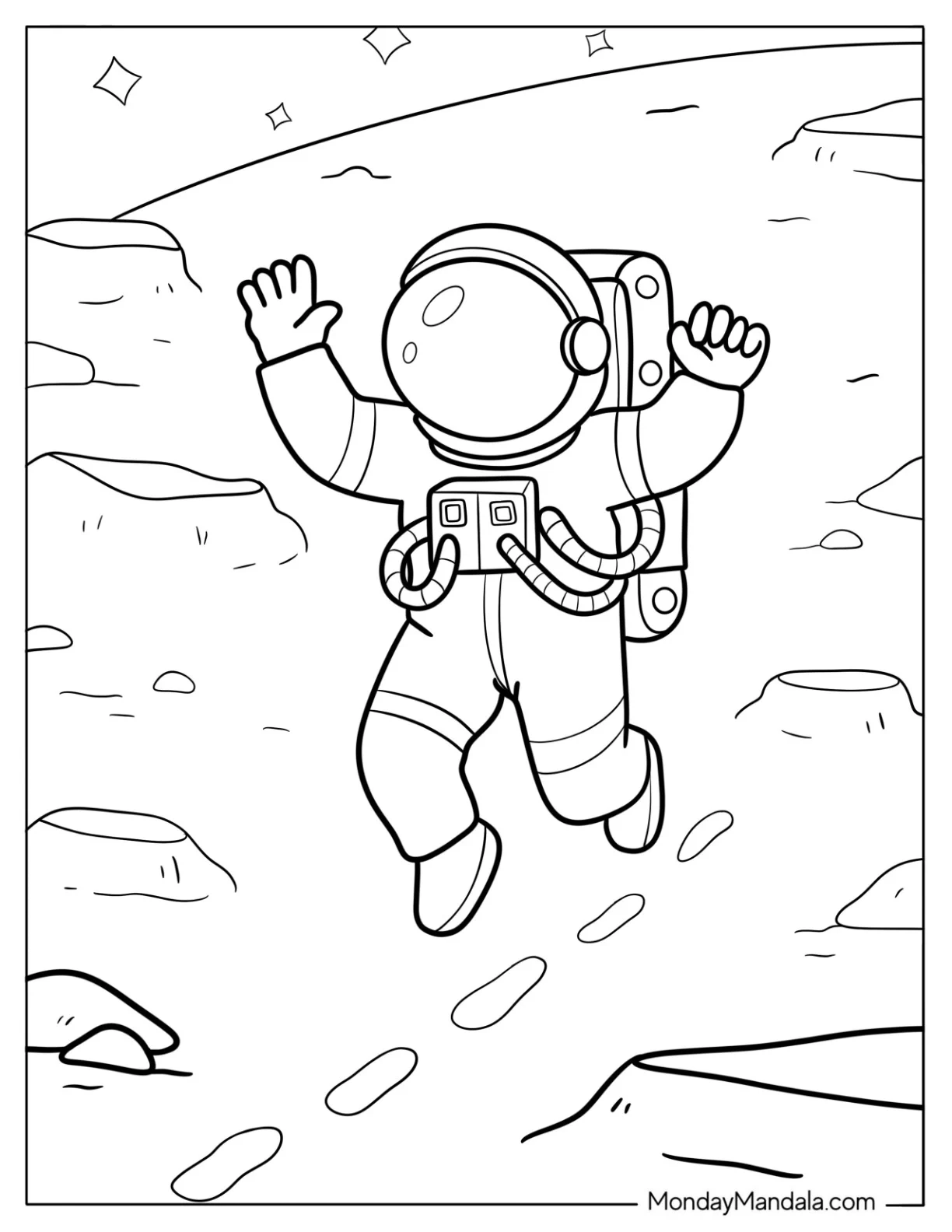 Playful Astronaut in Midair on Rocky Surface with Tracks and Craters Coloring Sheet For Kids coloring page