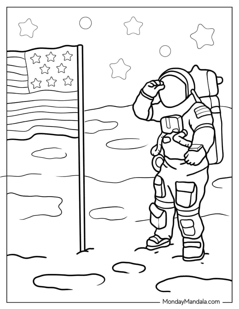 Realistic Looking Astronaut With American Flag coloring page