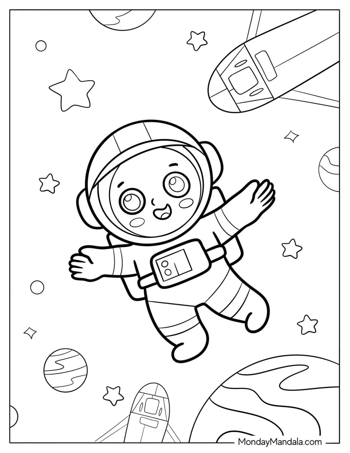 Smiling Child Astronaut Floating in Space with Planets and Shuttles Coloring Page For Preschoolers coloring page — printable line art