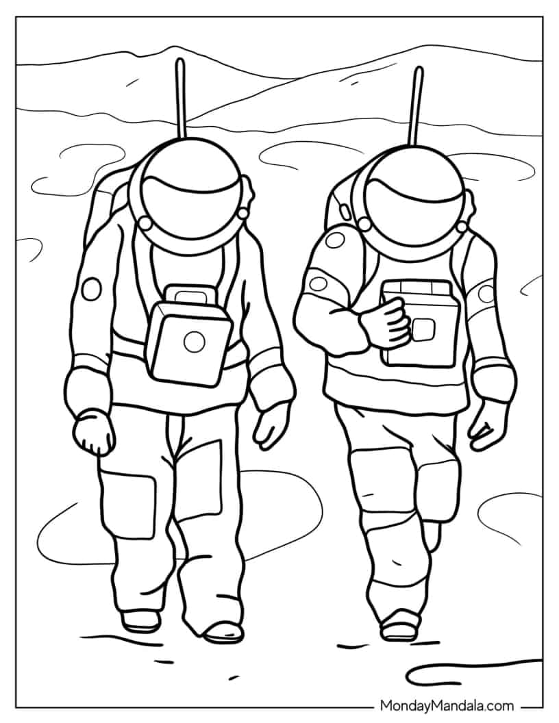 Two Astronauts Walking On Mars coloring page — printable line art