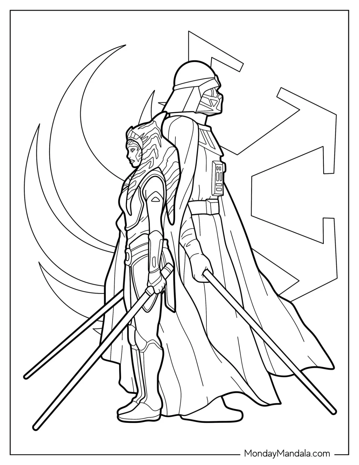 Ahsoka Coloring Page Standing Back To Back With Darth Vader coloring page