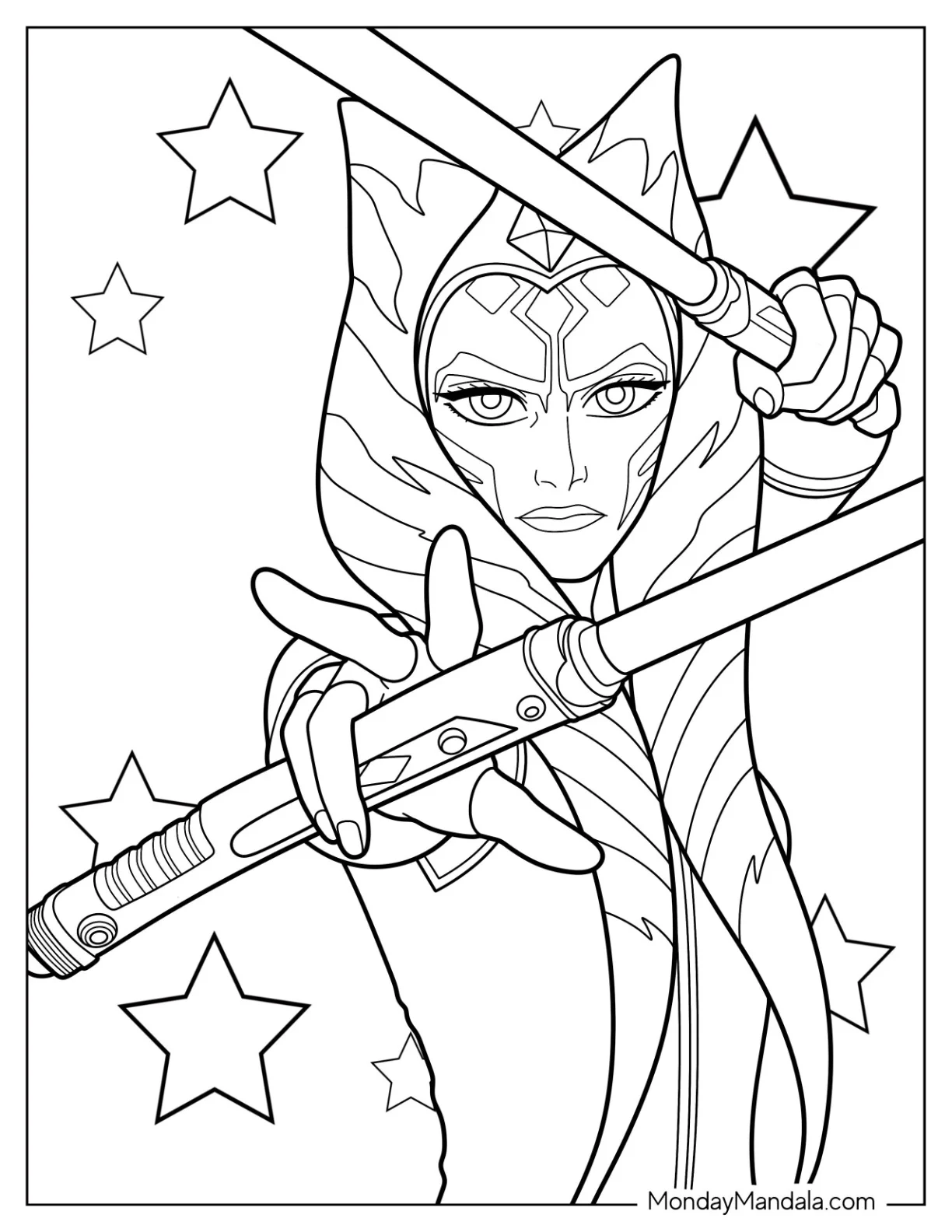 Detailed Ahsoka Coloring Page In Battle Pose coloring page