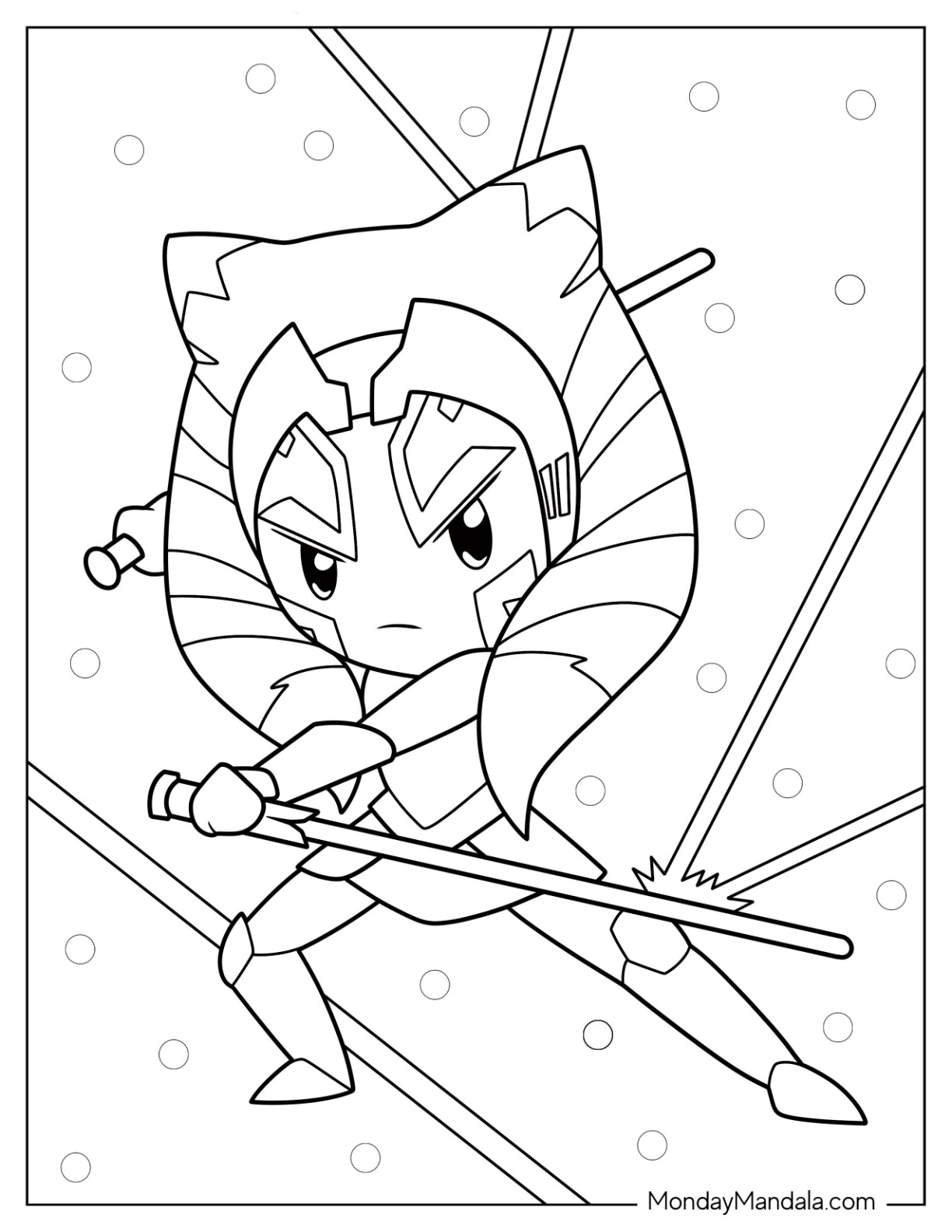 Kawaii Ahsoka Coloring Page Fighting With Two Lightsabers For Preschoolers coloring page