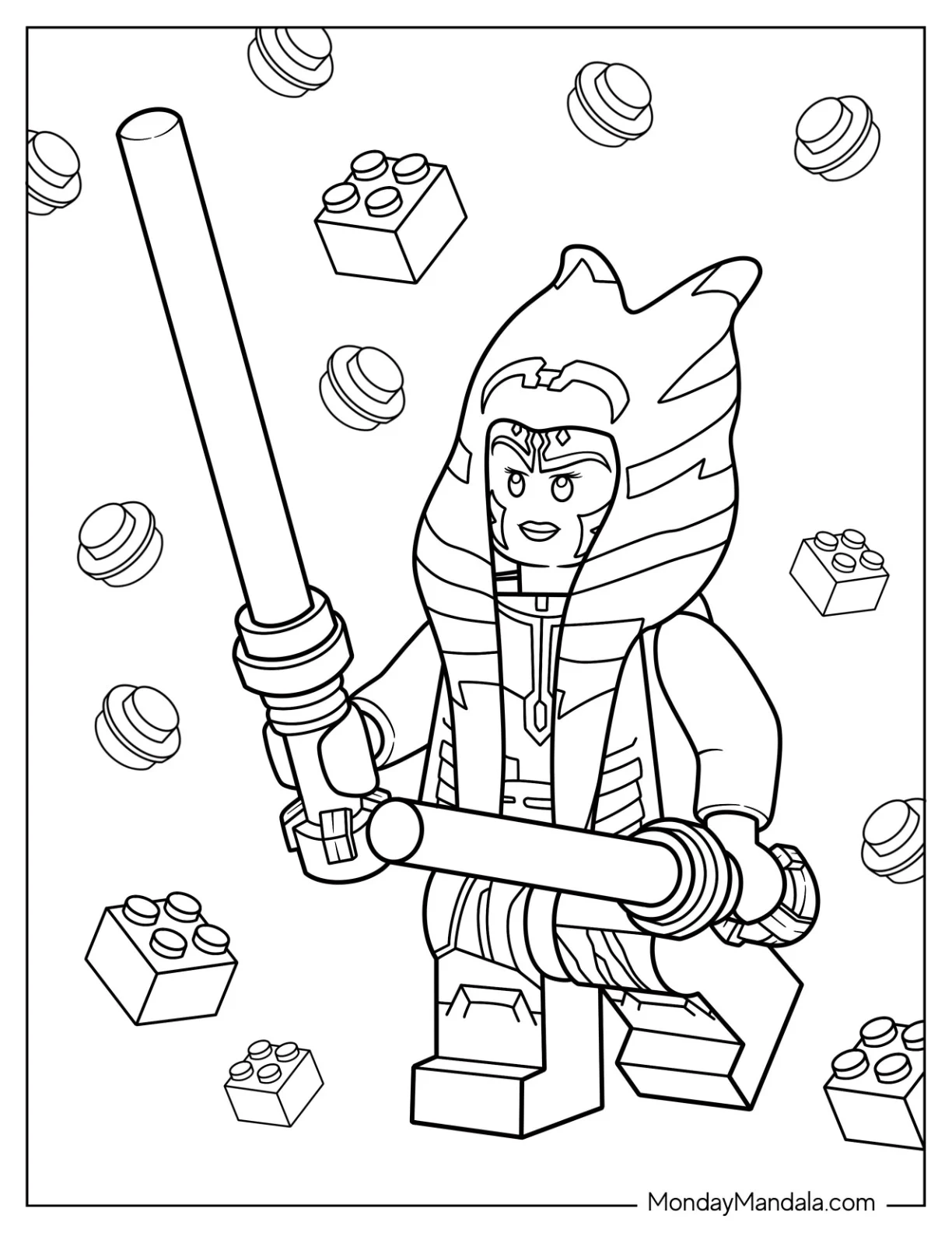 Lego Ahsoka Coloring Page Holding Lightsabers coloring page