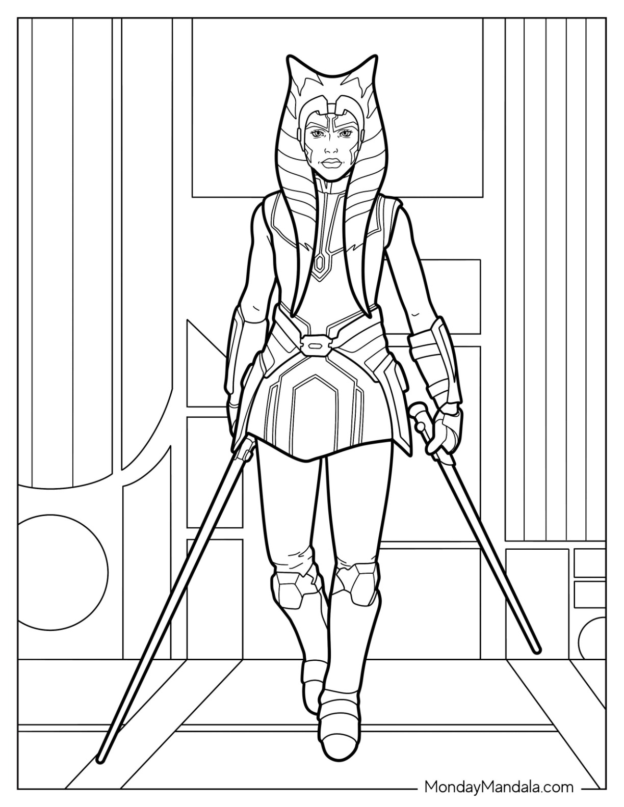 Realistic Ahsoka Coloring Page Holding Lightsabers coloring page