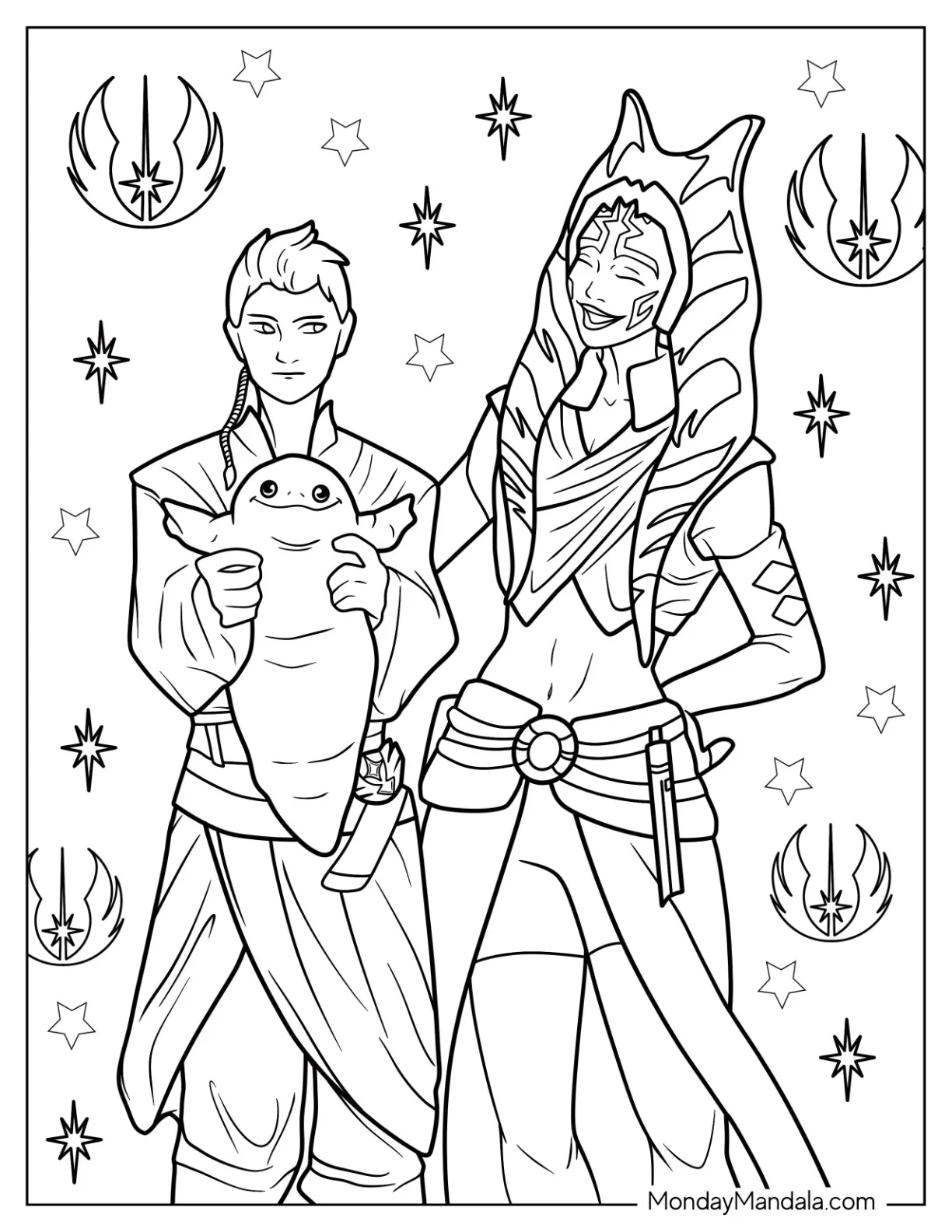 Young Ahsoka Coloring Page Laughing At Anakin Skywalker Holding Rotta the Huttlet coloring page