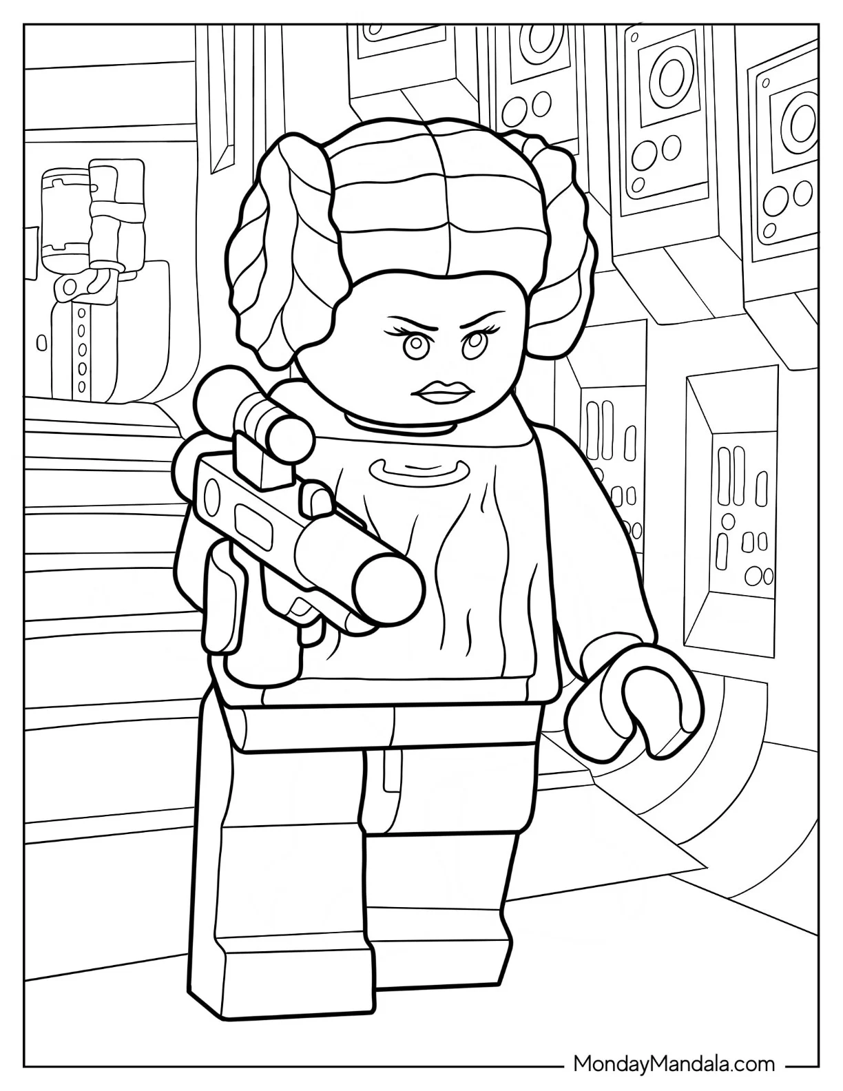 Detailed Lego Star Wars Coloring Page Of Princess Leia Holding Blaster coloring page