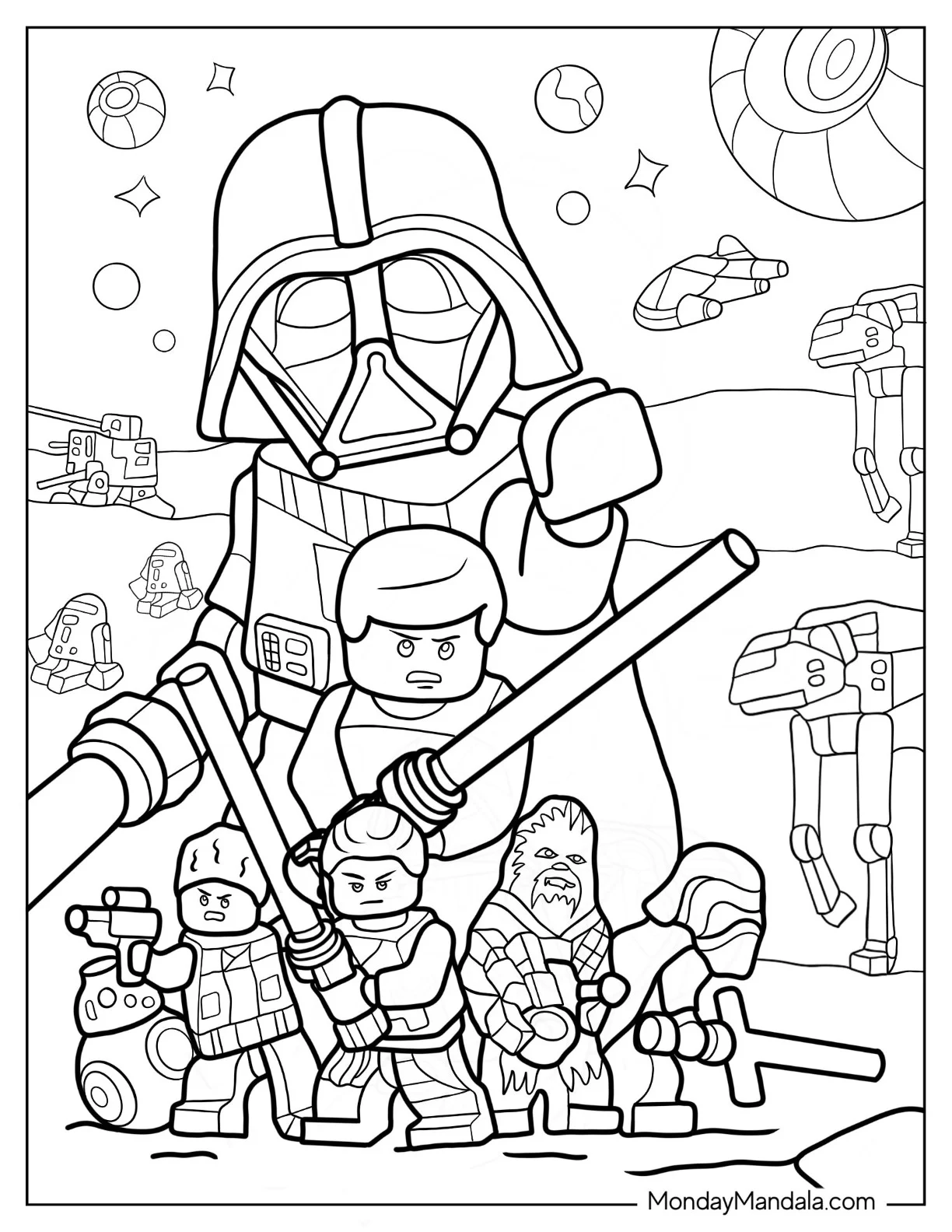 Lego Star Wars Coloring Page Of Darth Vader, Rey, Kylo Ren, Chewbacca, Finn, And BB8 coloring page
