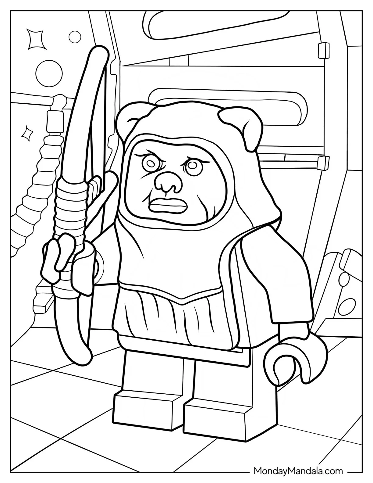 Lego Star Wars Coloring Page Of Ewok Holding Bow For Kids coloring page — printable line art