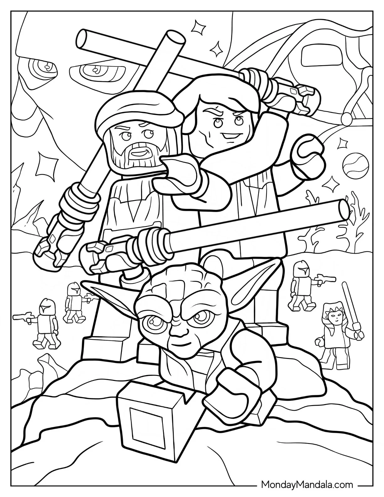 Lego Star Wars Coloring Page Of Luke Skywalker, Obi Wan Kenobi, And Master Yoda coloring page