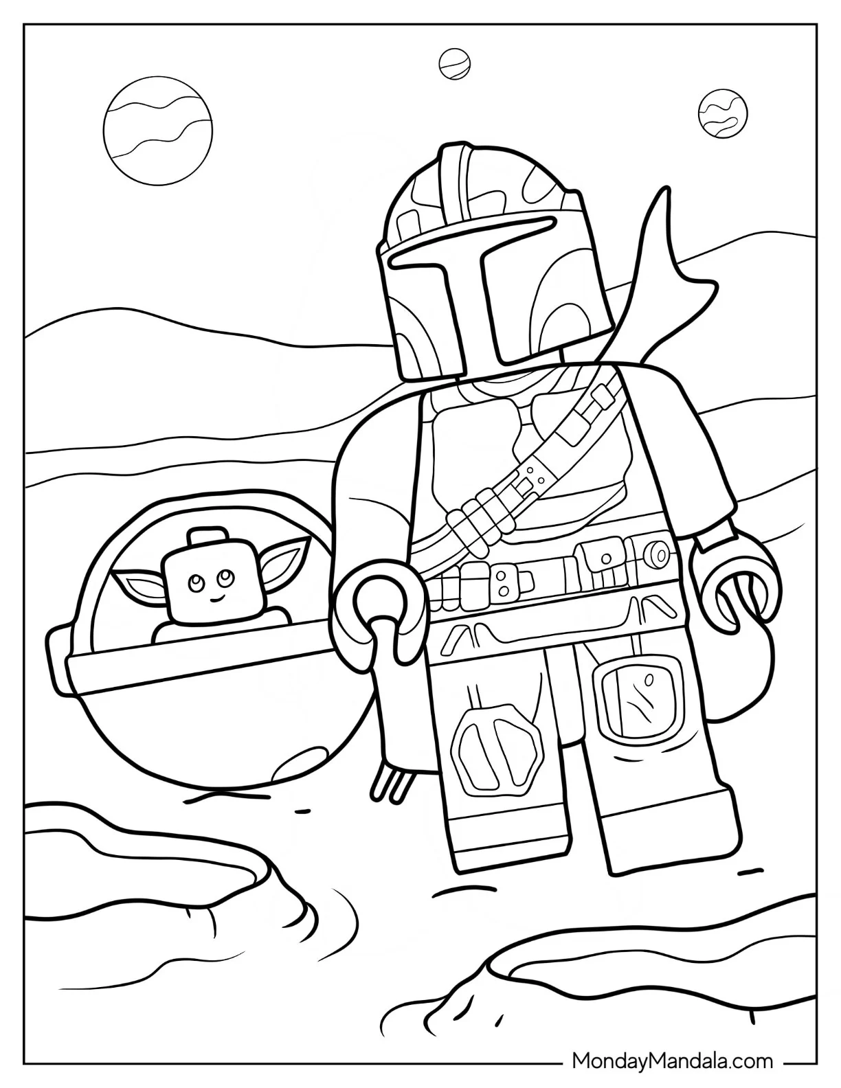 Lego Star Wars Coloring Page Of Mandalorian With Baby Yoda coloring page
