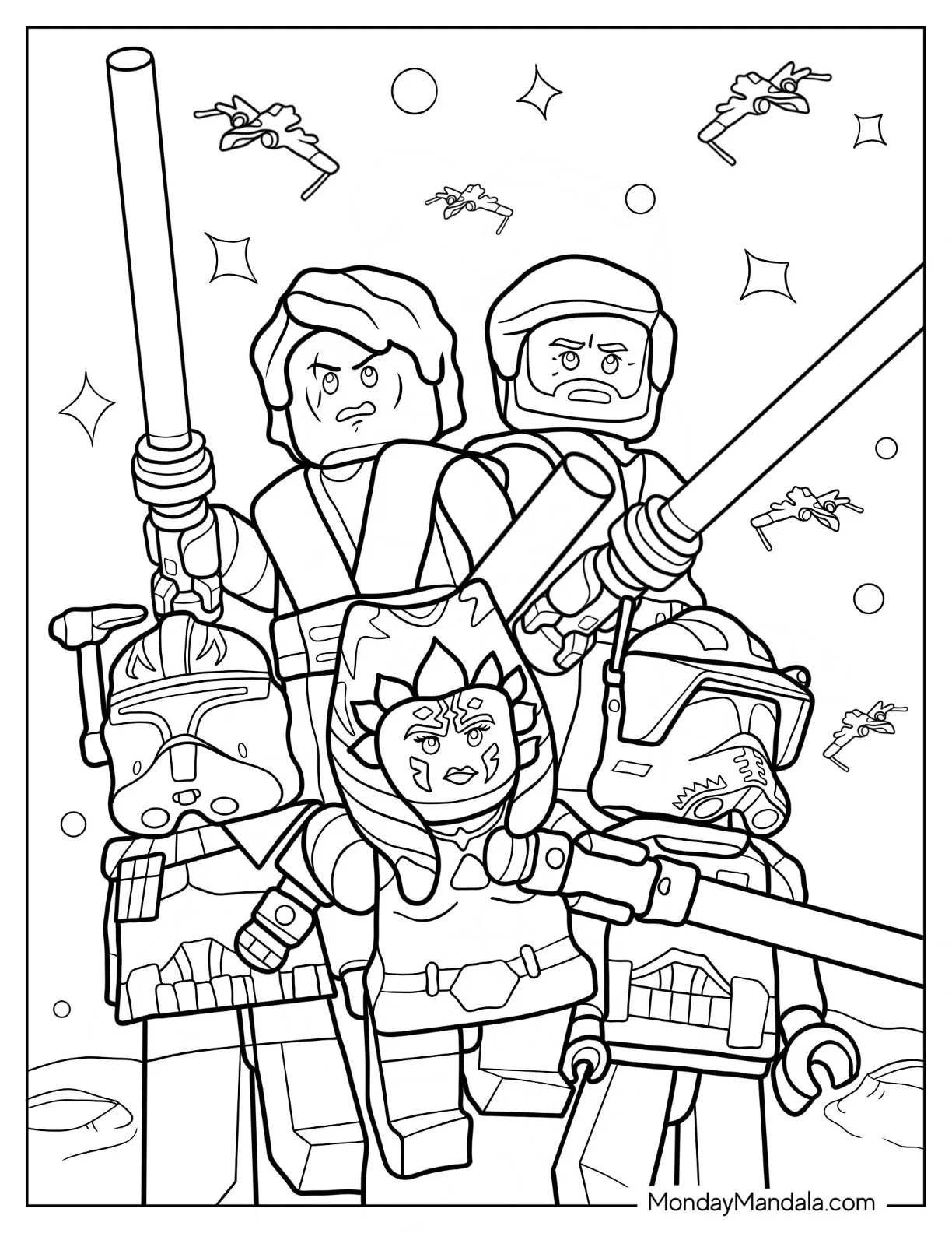 Lego Star Wars Coloring Page Of Star Wars Luke, Obi Wan, Ahsoka, And Clone Troopers coloring page