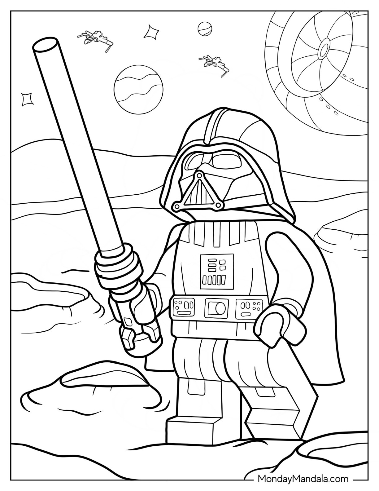 Simple Lego Star Wars Coloring Page Of Darth Vader Fighting In Space coloring page