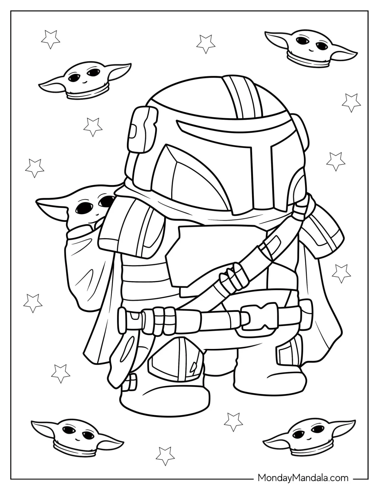 Chibi Mandalorian Coloring Page With Baby Yoda For Kids coloring page — printable line art