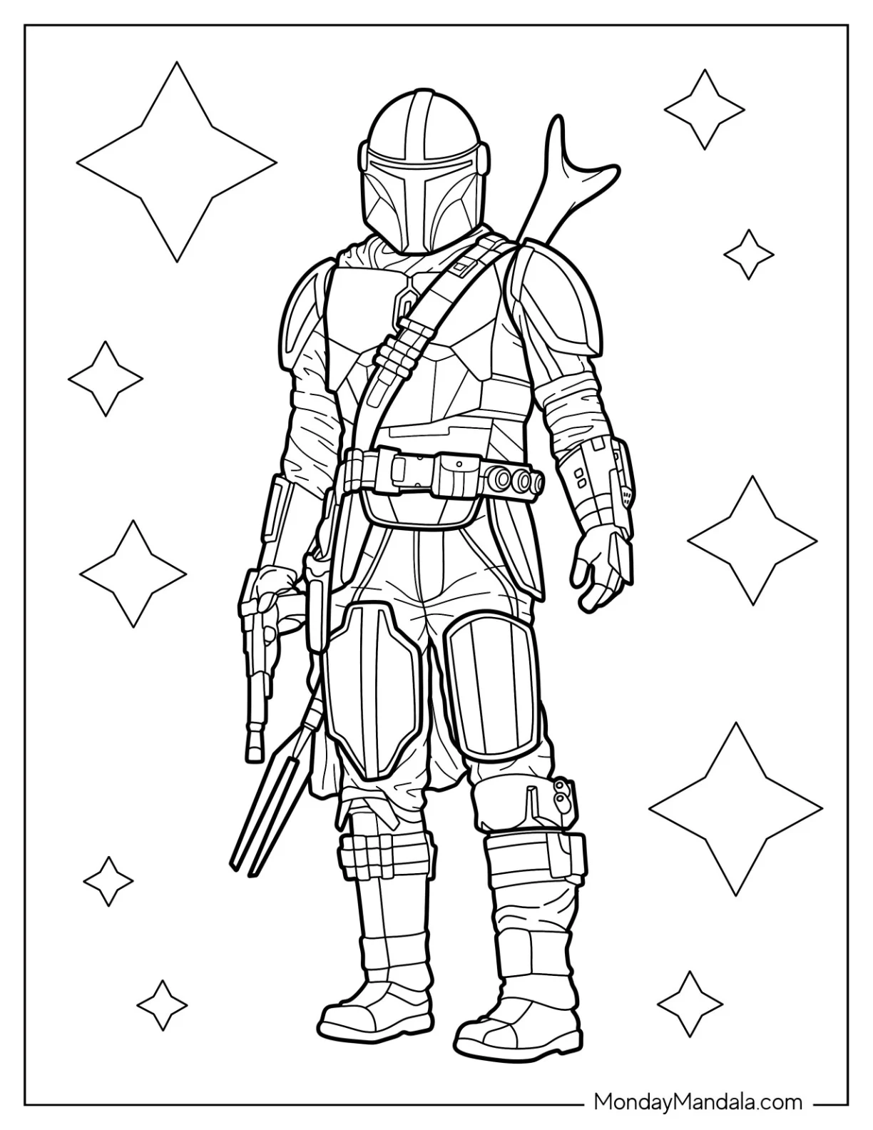 Detailed Mandalorian Coloring Page Holding Blaster coloring page