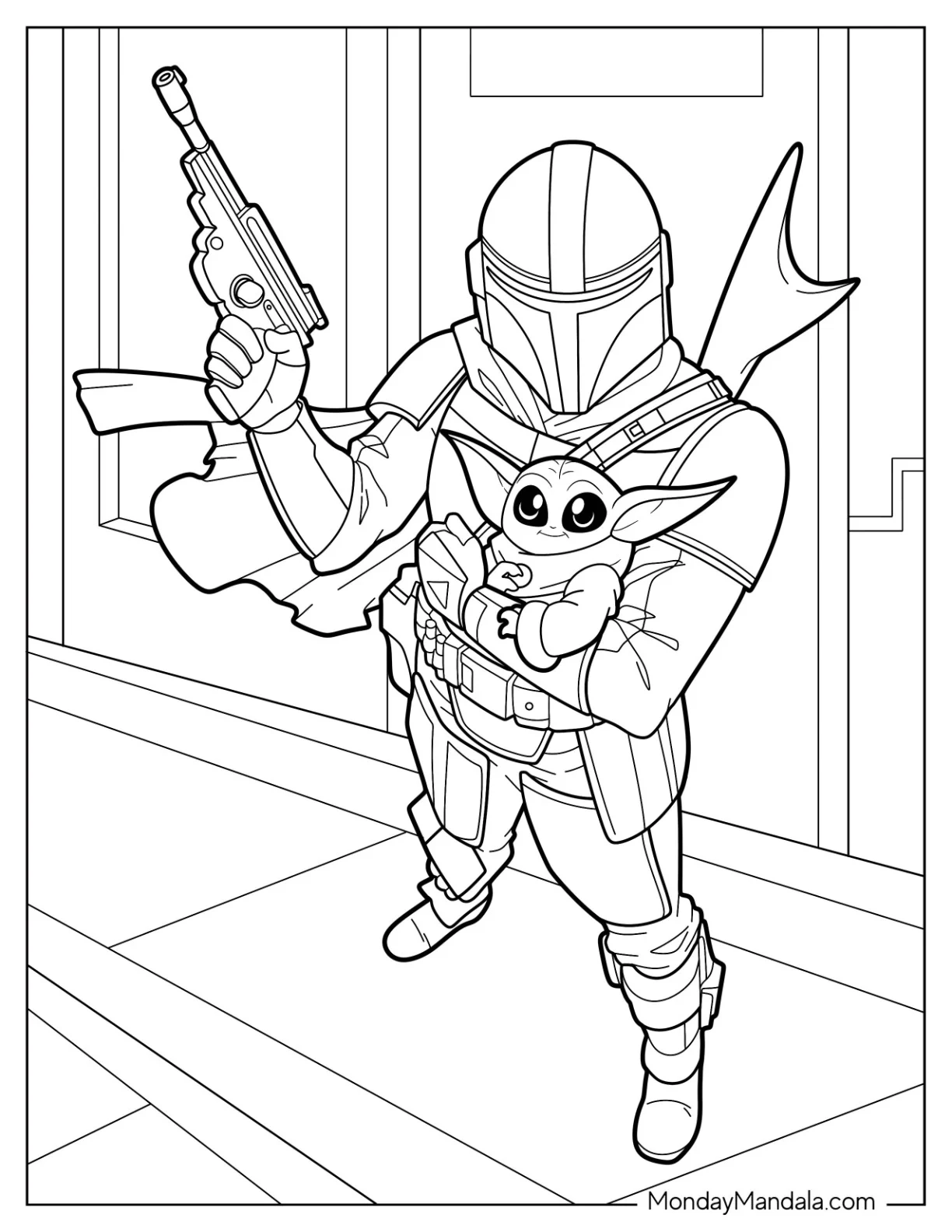 Mandalorian Coloring Page Carrying Cute Baby Yoda coloring page