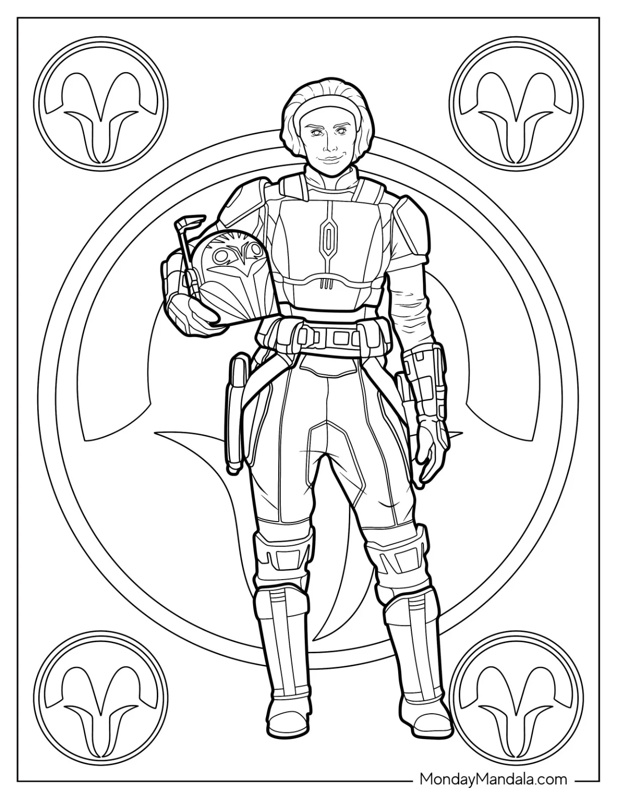 Mandalorian Coloring Page Of Bo Katan Kryze Holding Helmet coloring page — printable line art