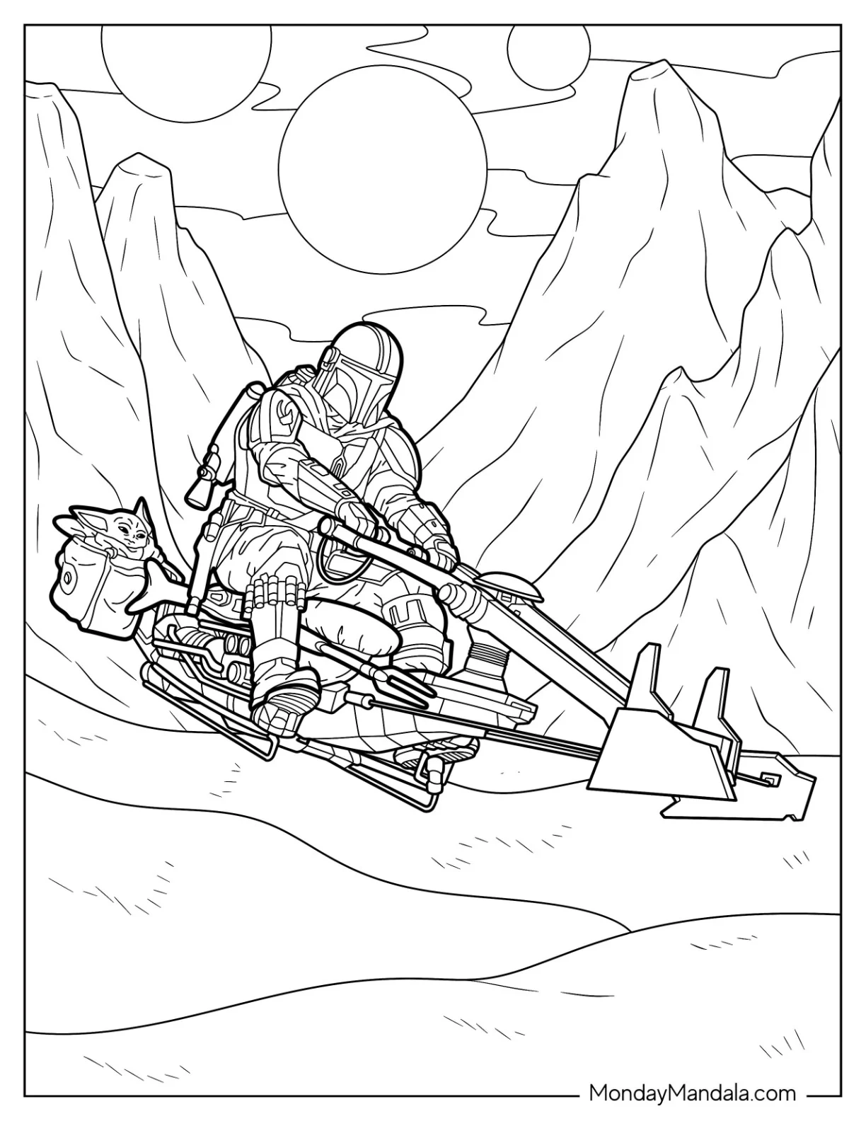 Mandalorian Coloring Page On Speeder Bike With Baby Yoda coloring page