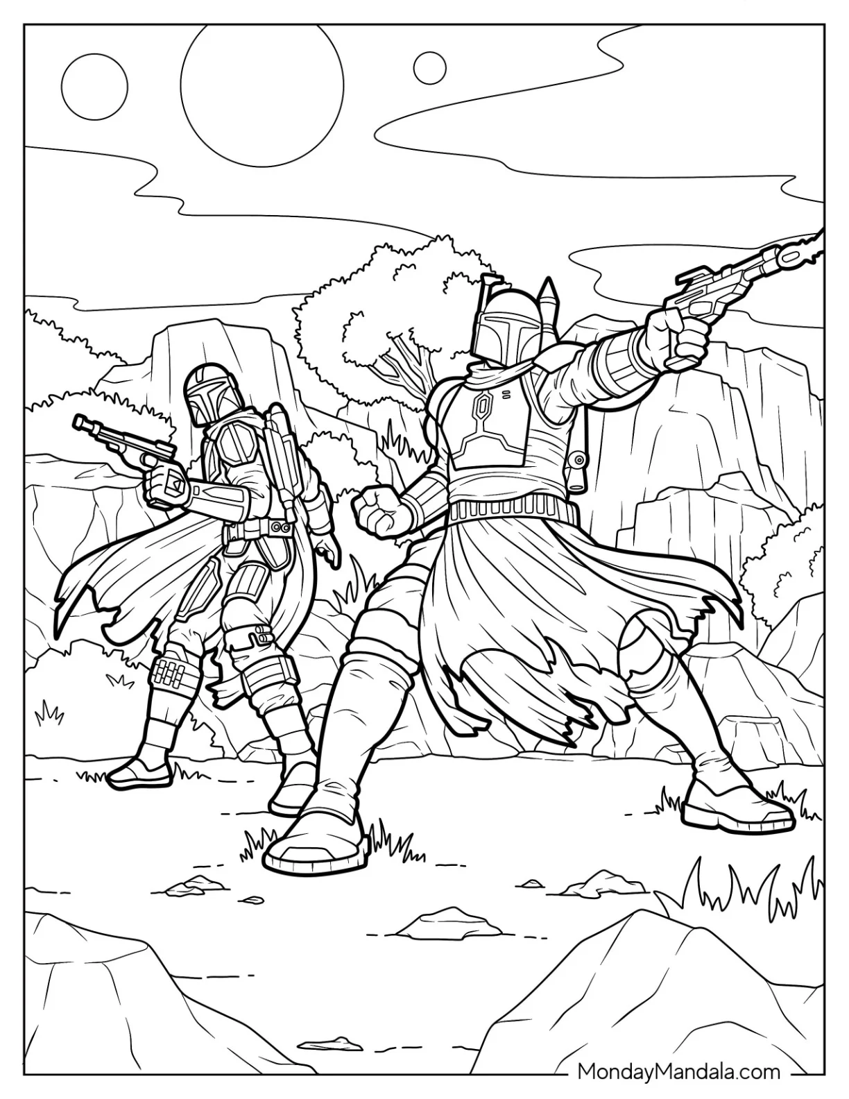 Mandalorian Coloring Page With Boba Fett In Battle coloring page