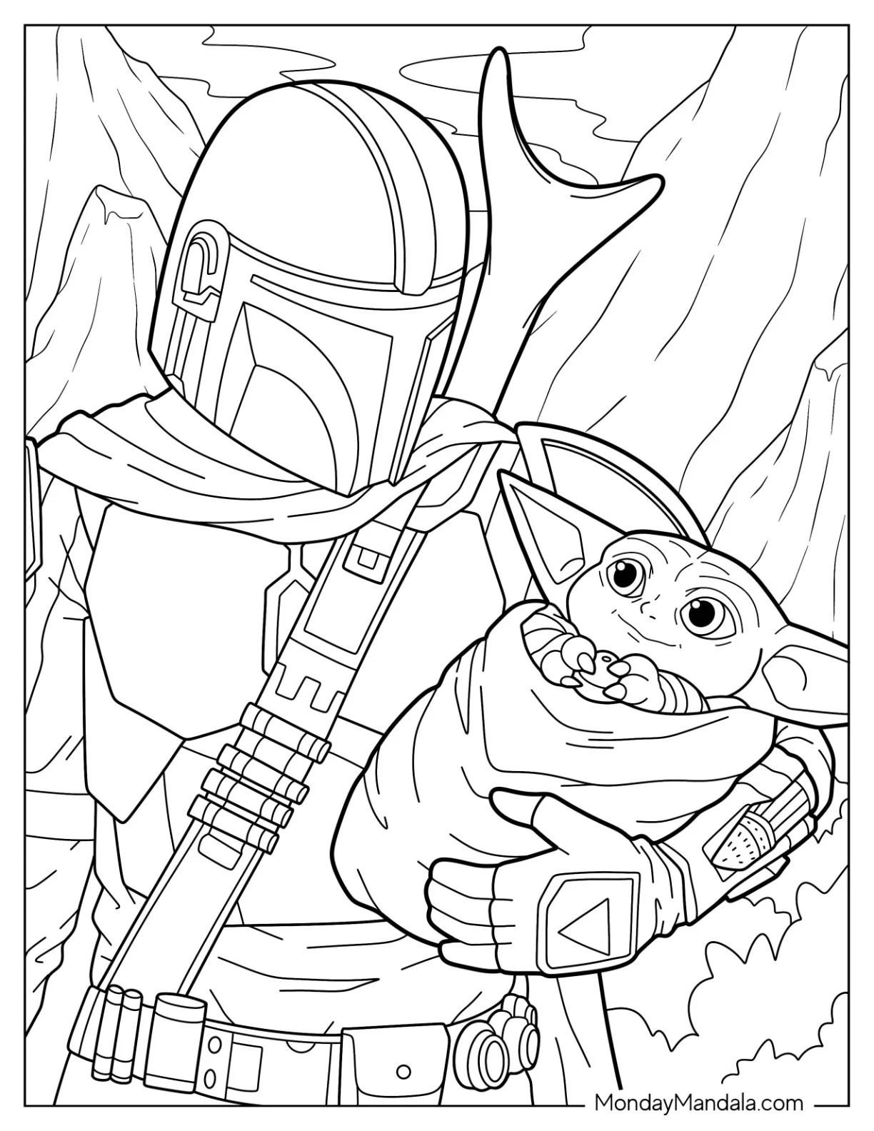 Realistic Mandalorian Coloring Page Cradling Baby Yoda coloring page
