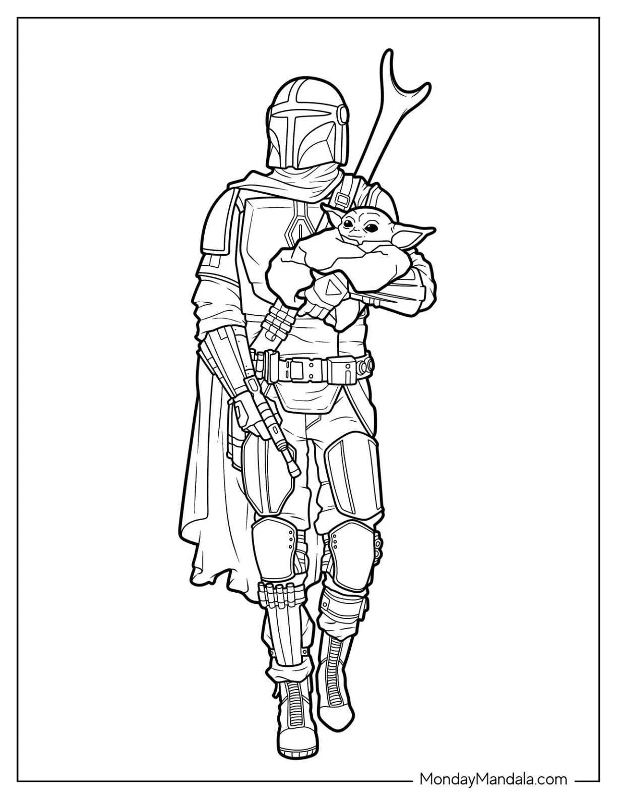 Realistic Mandalorian Coloring Page Holding Baby Yoda coloring page