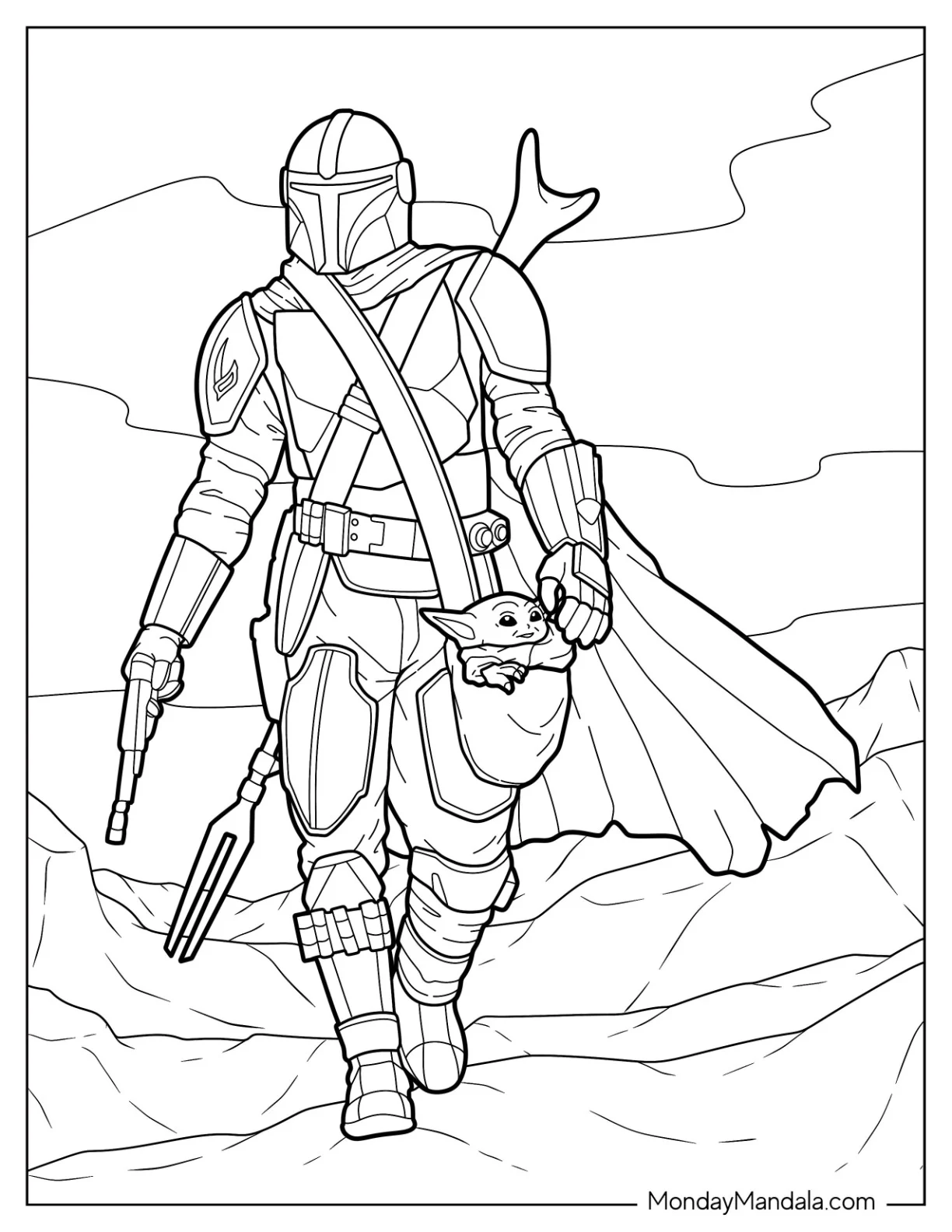 The Mandalorian Coloring Page Walking In Desert With Baby Yoda Coloring Page coloring page