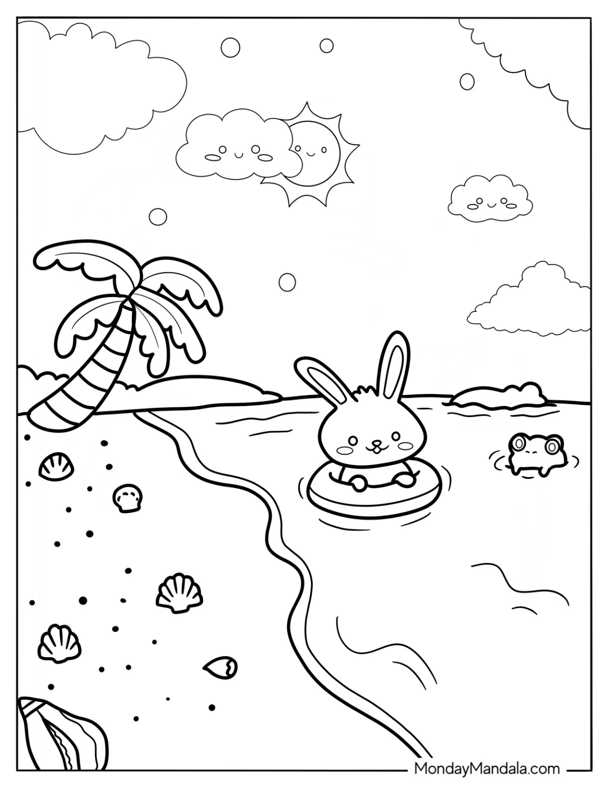 Adorable Rabbit And Frog Swimming At The Beach Coloring Sheet coloring page — printable line art