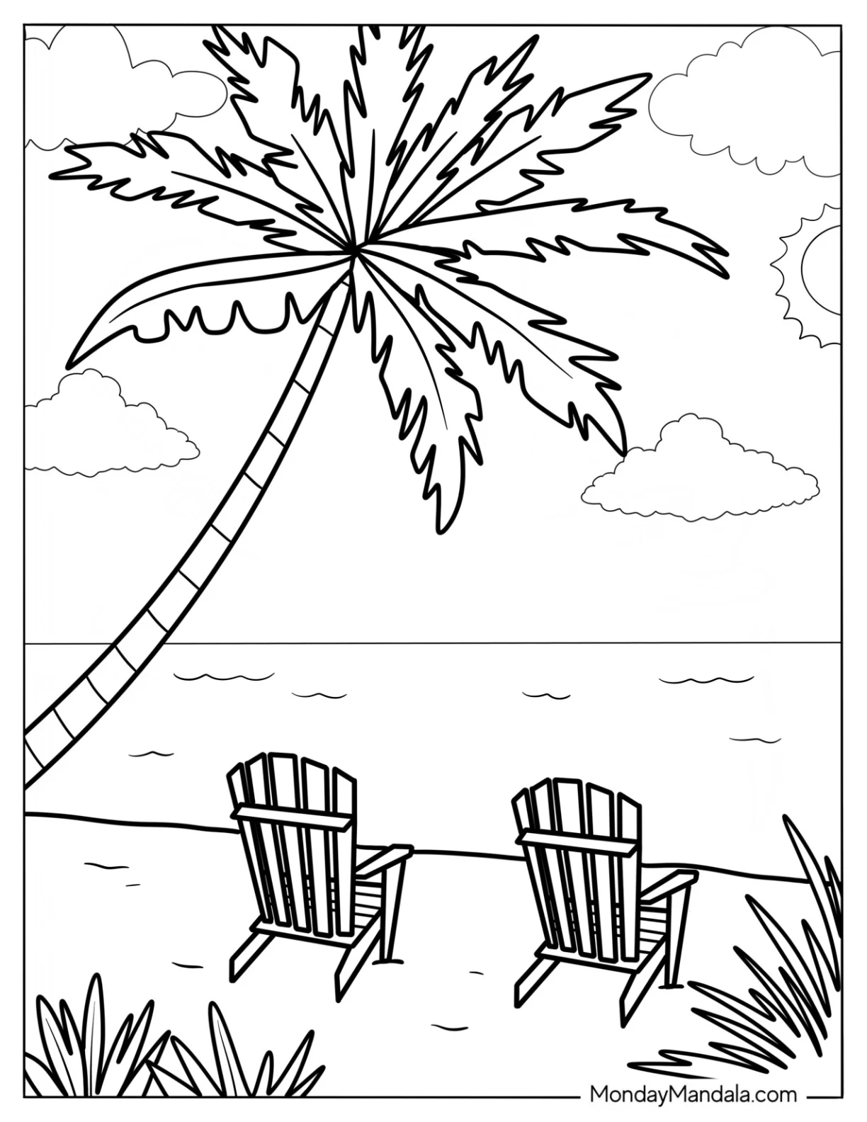 Beach Chairs Under A Palm Tree Facing The Sea coloring page — printable line art