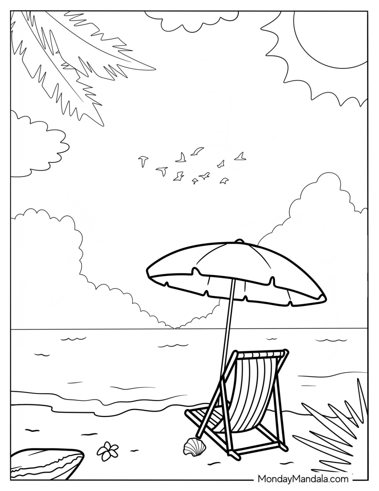 Beach Coloring Page Chair And Umbrella Facing The Sea coloring page — printable line art
