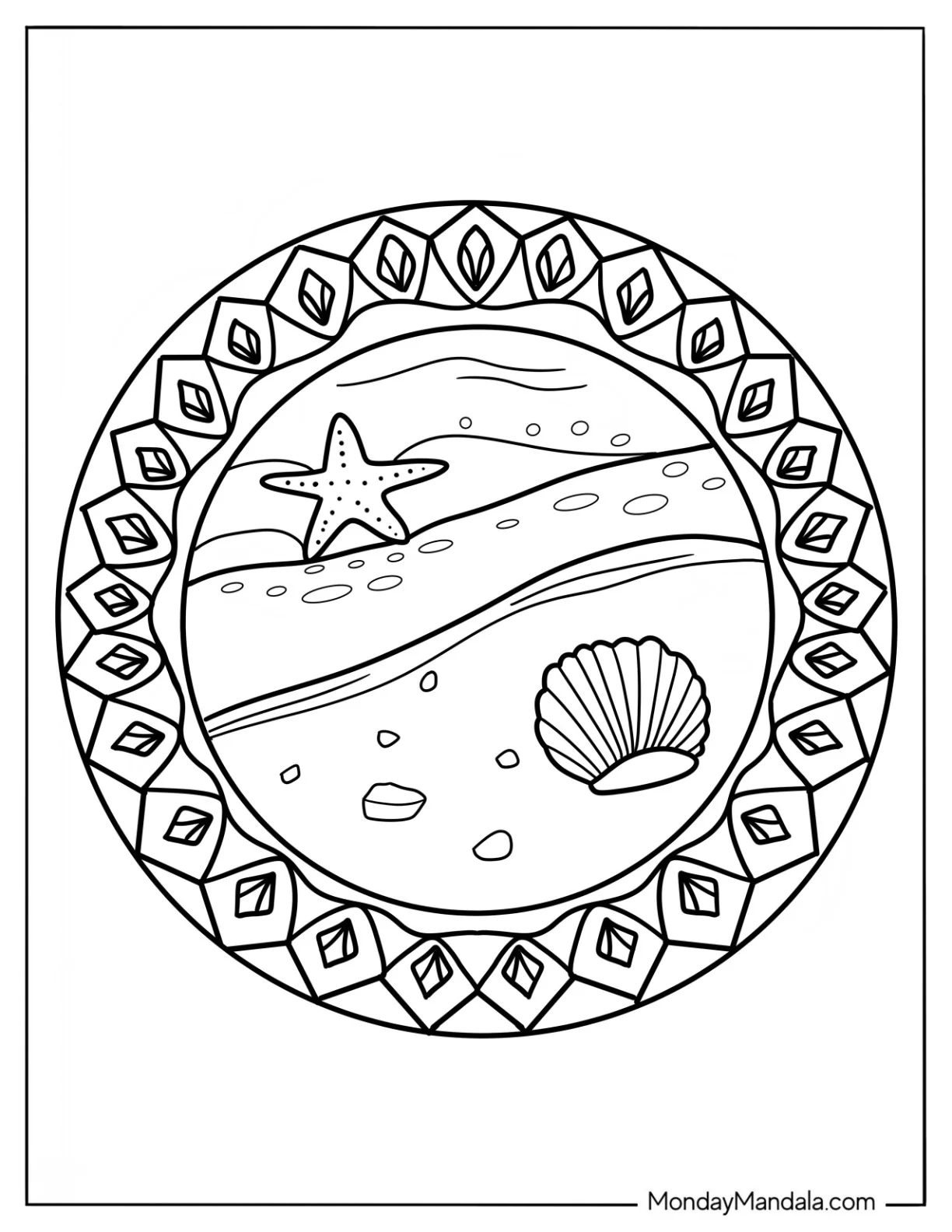 Beach Coloring Page Mandala With Seashells coloring page — printable line art