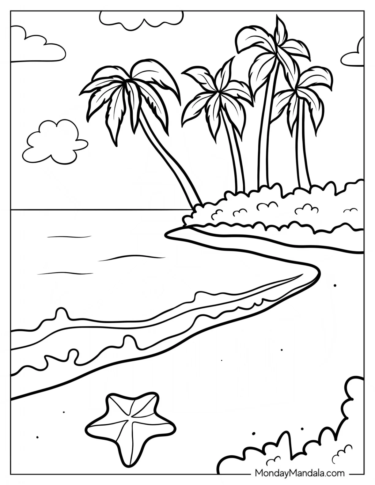 Beach Coloring Page Shoreline With Palm Trees coloring page